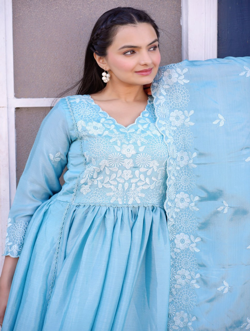 Women's Sky Blue Colour CHINON Silk Heavy Emrboidery Work Fully Stitched Gown Blue / 2XL | Trendia Global Women's Sky Blue Colour CHINON Silk Heavy Emrboidery Work Fully Stitched Gown Blue / 2XL | Trendia Global