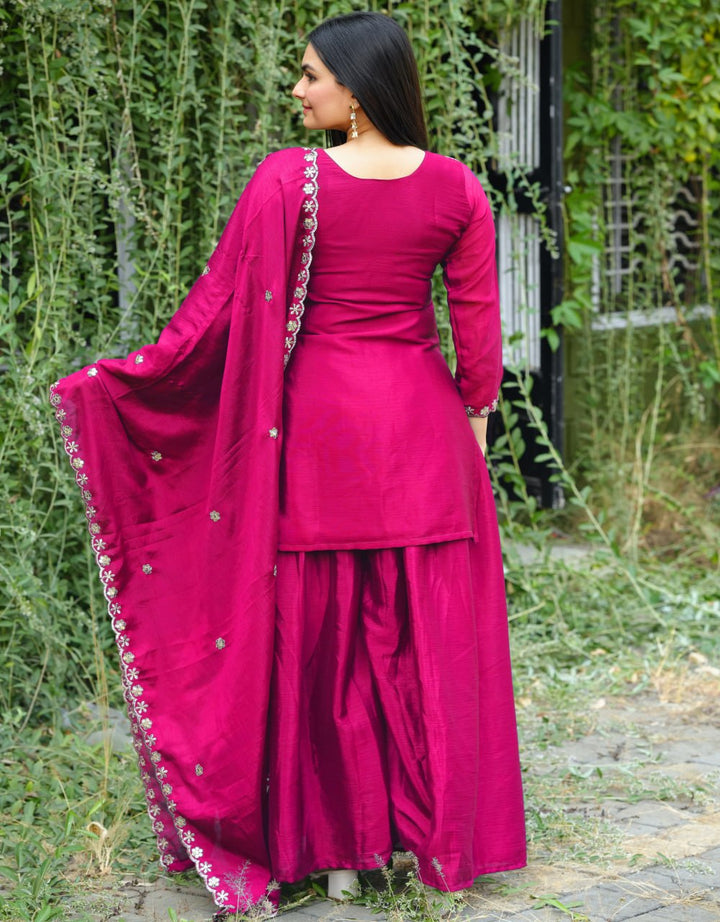 Women's Rani Colour CHINON Silk Heavy Emrboidery Work Fully Stitched Sharara Suit