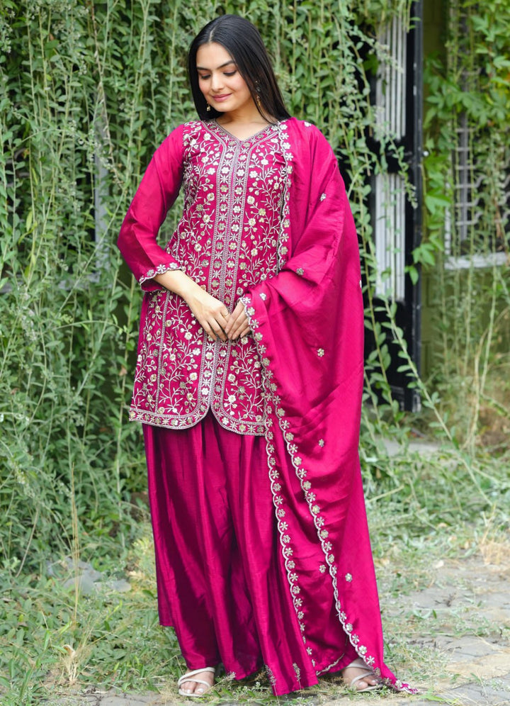 Women's Rani Colour CHINON Silk Heavy Emrboidery Work Fully Stitched Sharara Suit