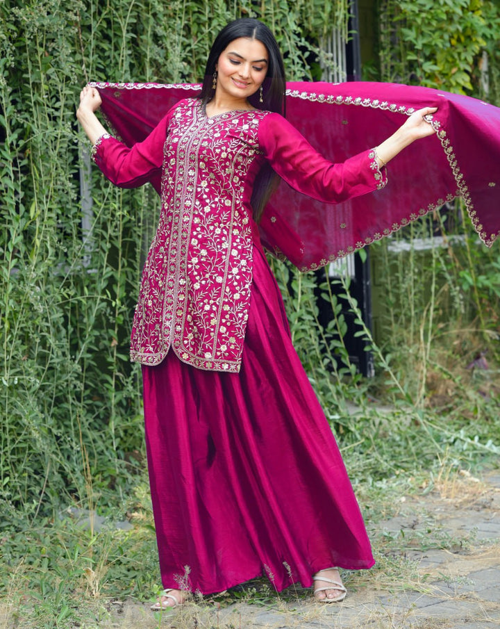 Women's Rani Colour CHINON Silk Heavy Emrboidery Work Fully Stitched Sharara Suit