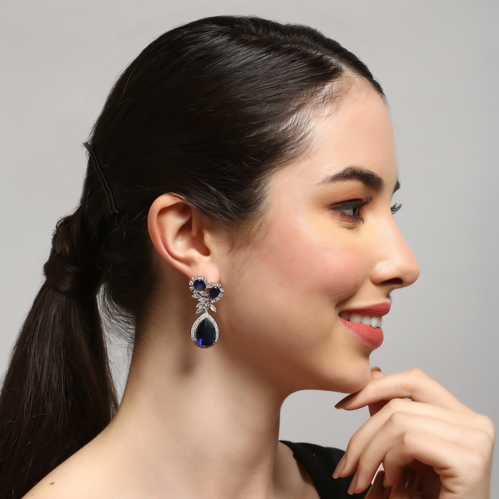 Women's Blue Silver Plated American Diamond Tear Drop Earrings - Femizen