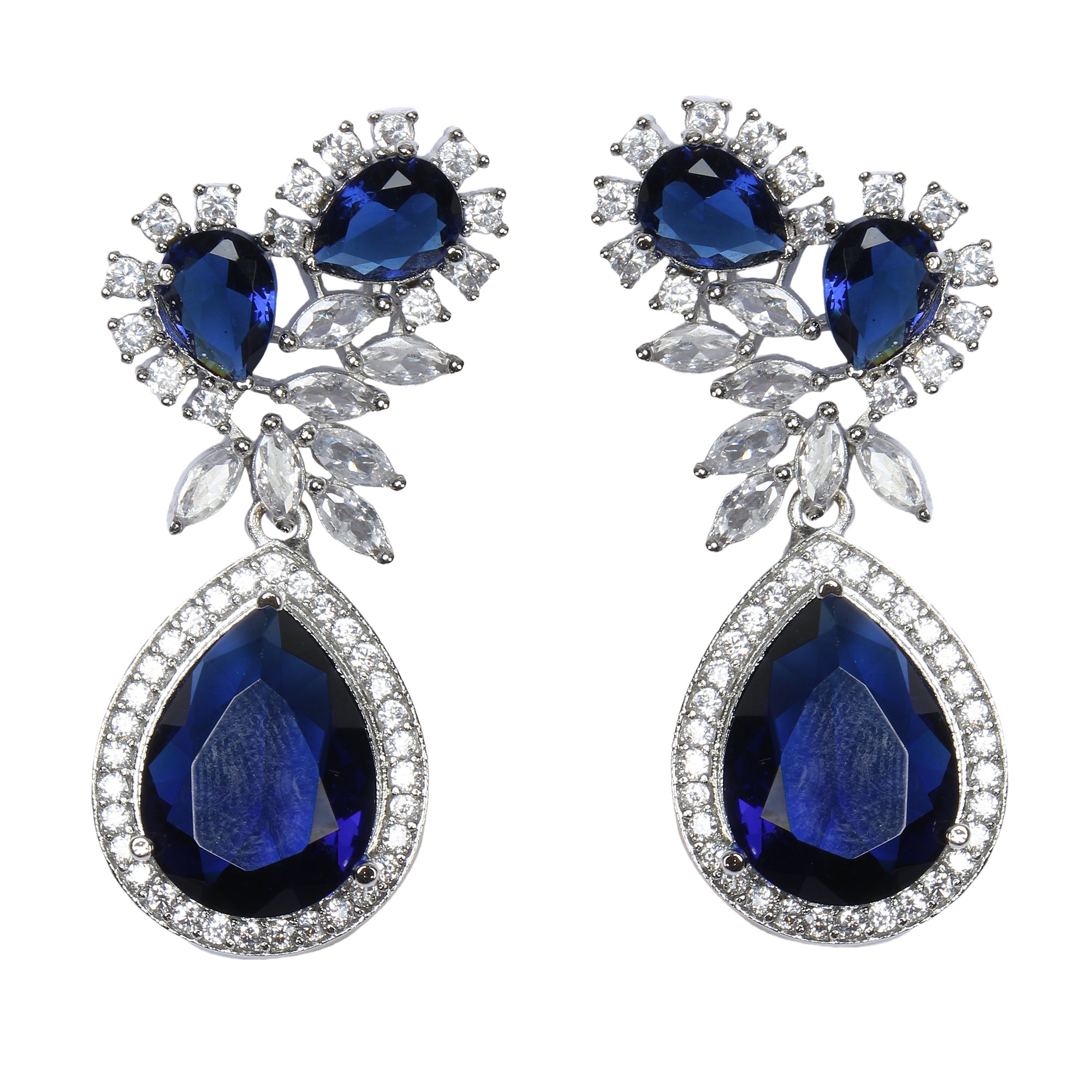 Women's Blue Silver Plated American Diamond Tear Drop Earrings - Femizen
