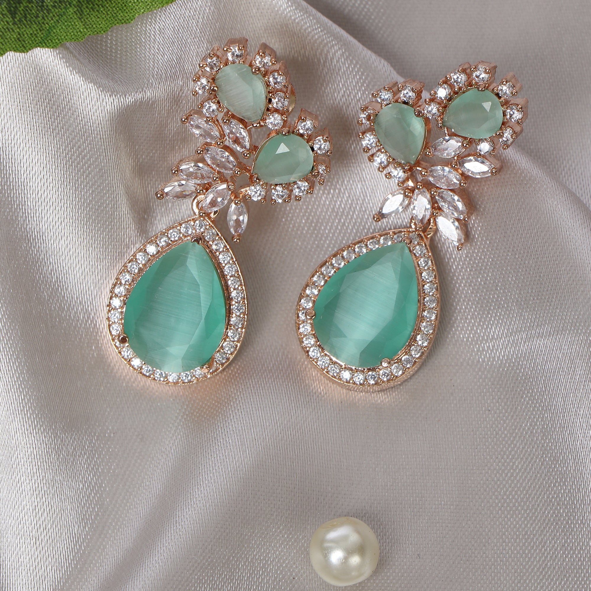Women's Rose Gold-Plated Green Contemporary Drop Earrings
 - Femizen