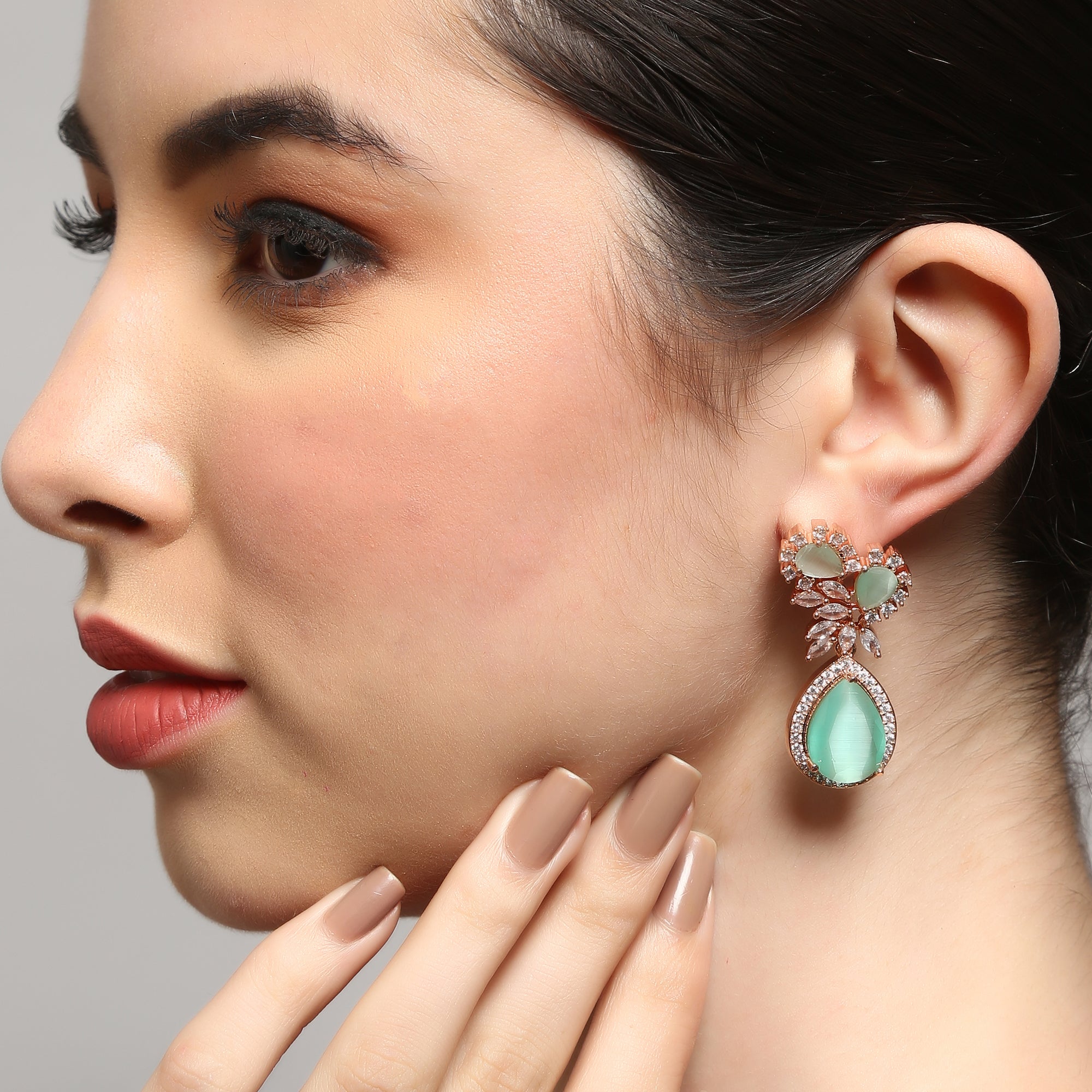 Women's Rose Gold-Plated Green Contemporary Drop Earrings
 - Femizen