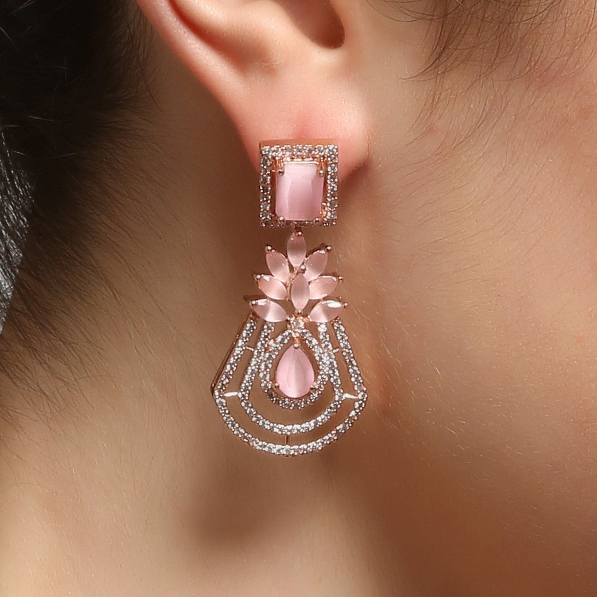 Women's Rose Gold-Plated Pink  Drop Earrings
 - Femizen