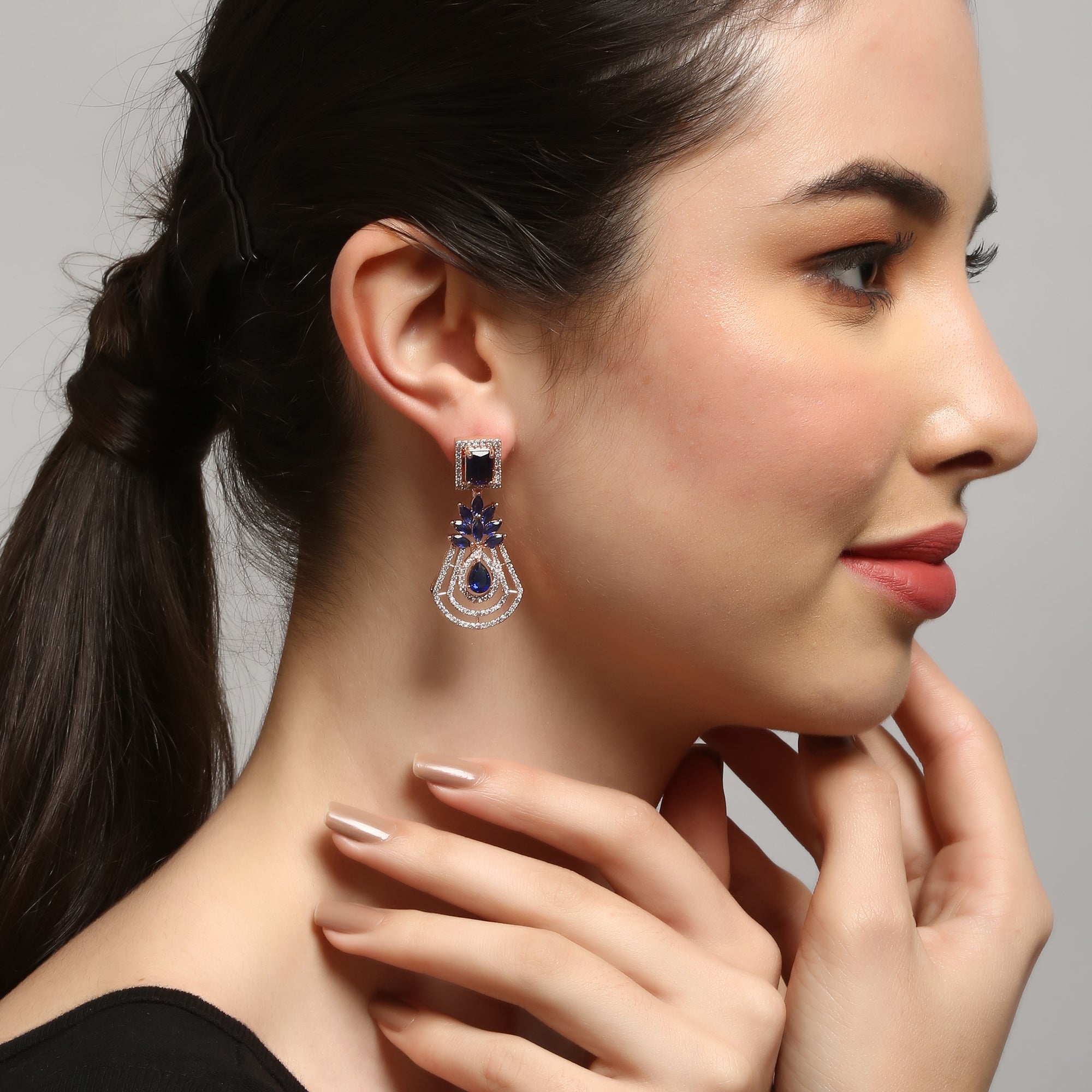 Women's Rose gold plated Blue American diamond drop earrings - Femizen