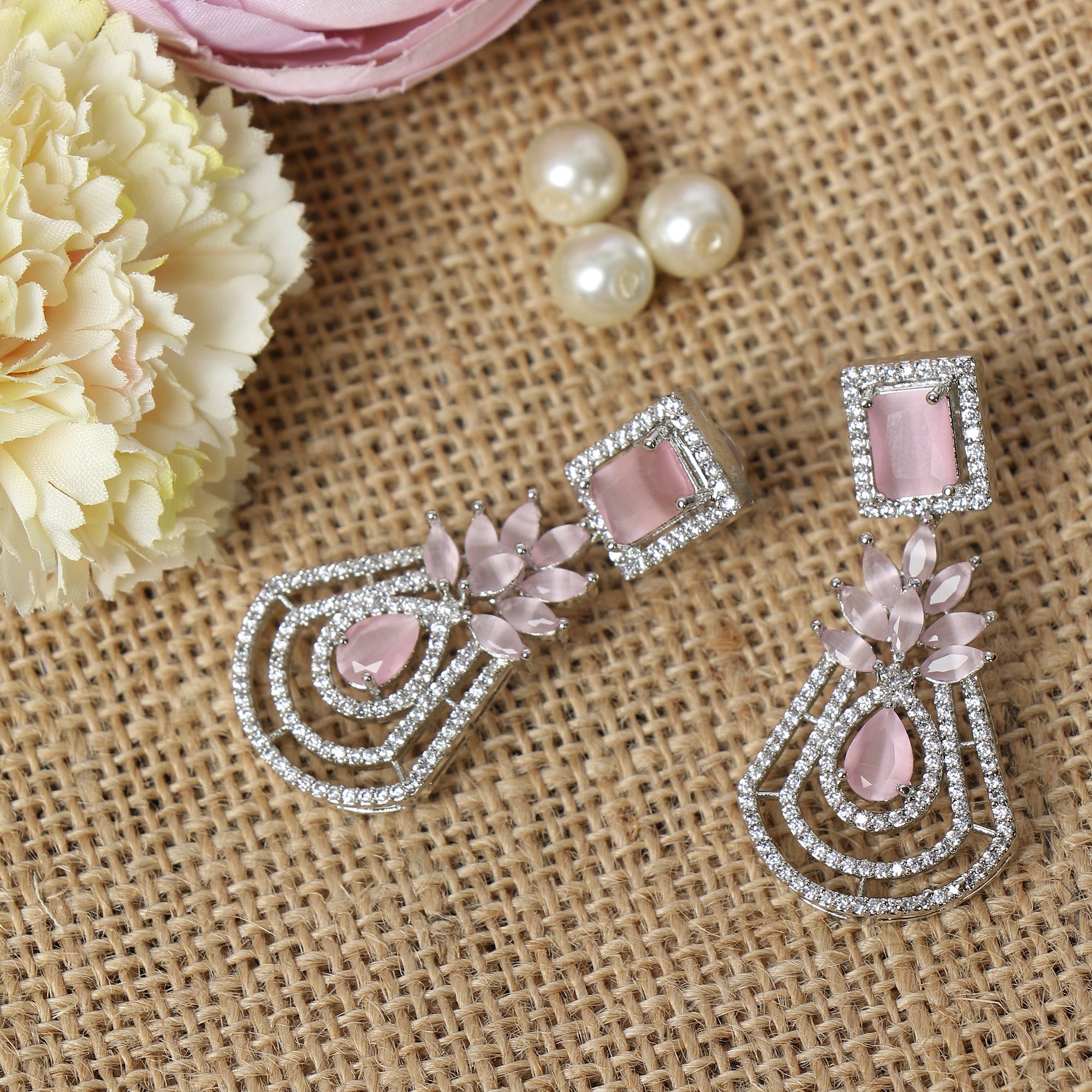 Women's Silver-Toned Pink Contemporary Drop Earrings
 - Femizen