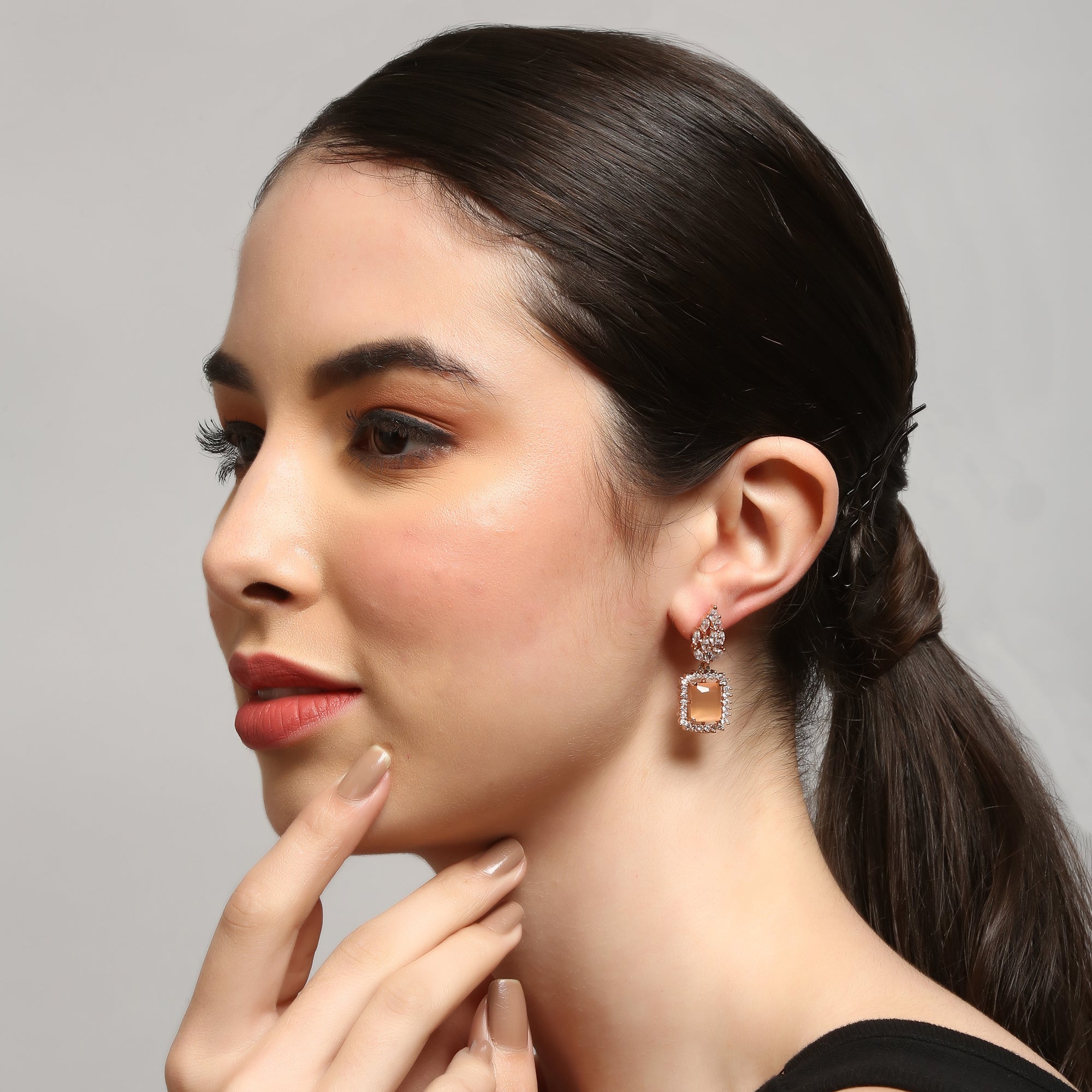Women's Peach & Rose Gold-Plated American diamond  stud Earrings
 - Femizen