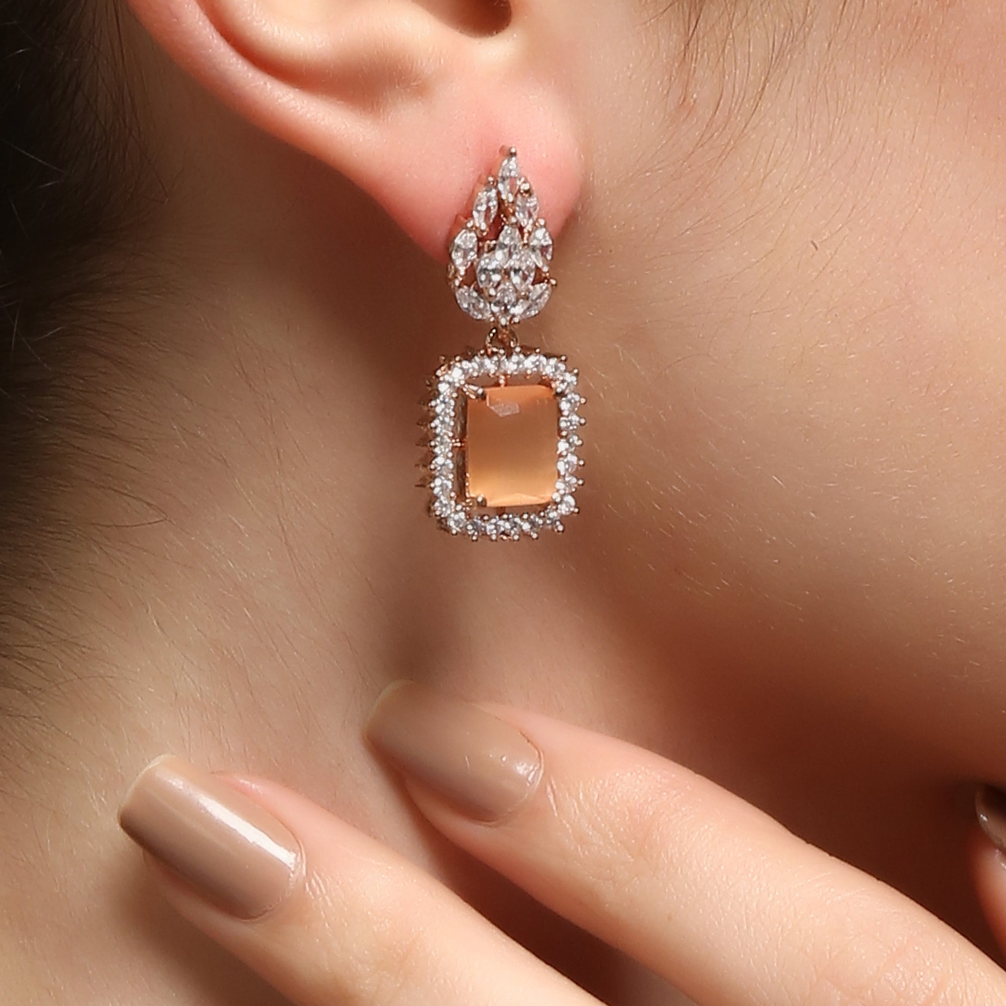 Women's Peach & Rose Gold-Plated American diamond  stud Earrings
 - Femizen