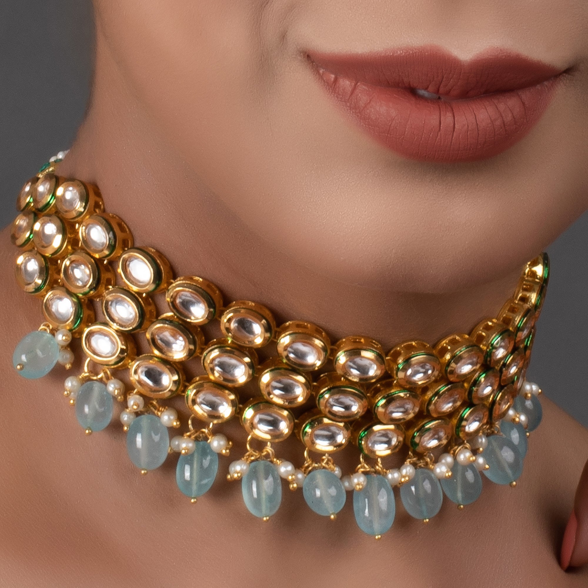 Women's Blue Gold Tone Kundan Beaded Choker Necklace
 - Femizen