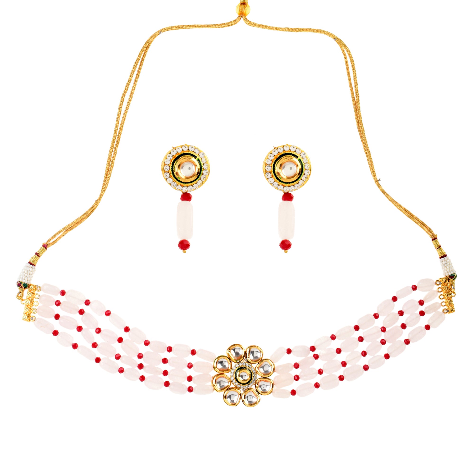 Women's Pink Mahroon Beaded Gold Tone Kundan Inspired Choker Necklace With Earrings

 - Femizen