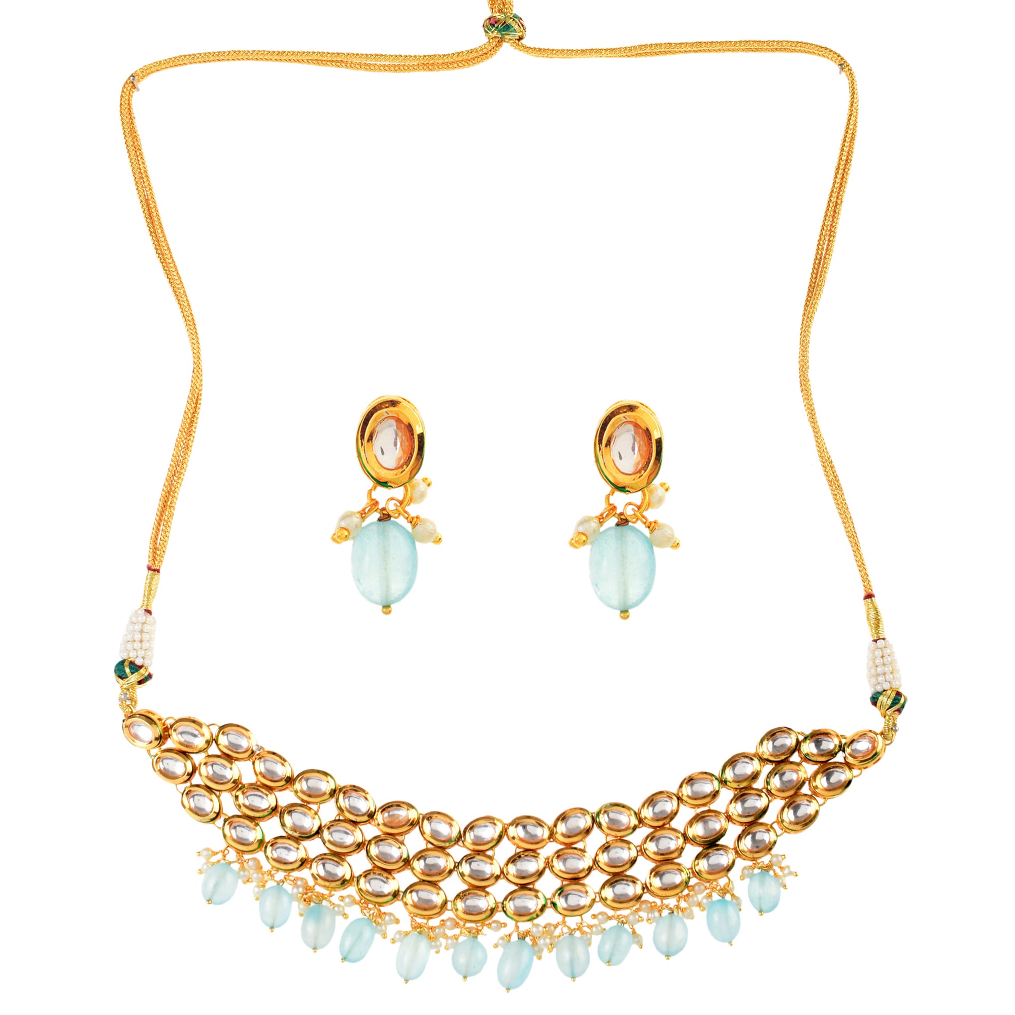 Women's Blue Gold Tone Kundan Beaded Choker Necklace With Earrings
 - Femizen