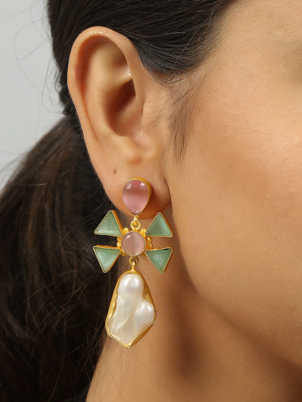 Women's Pink Green Monalisa Stone & Baroque Pearl Earrings - Femizen