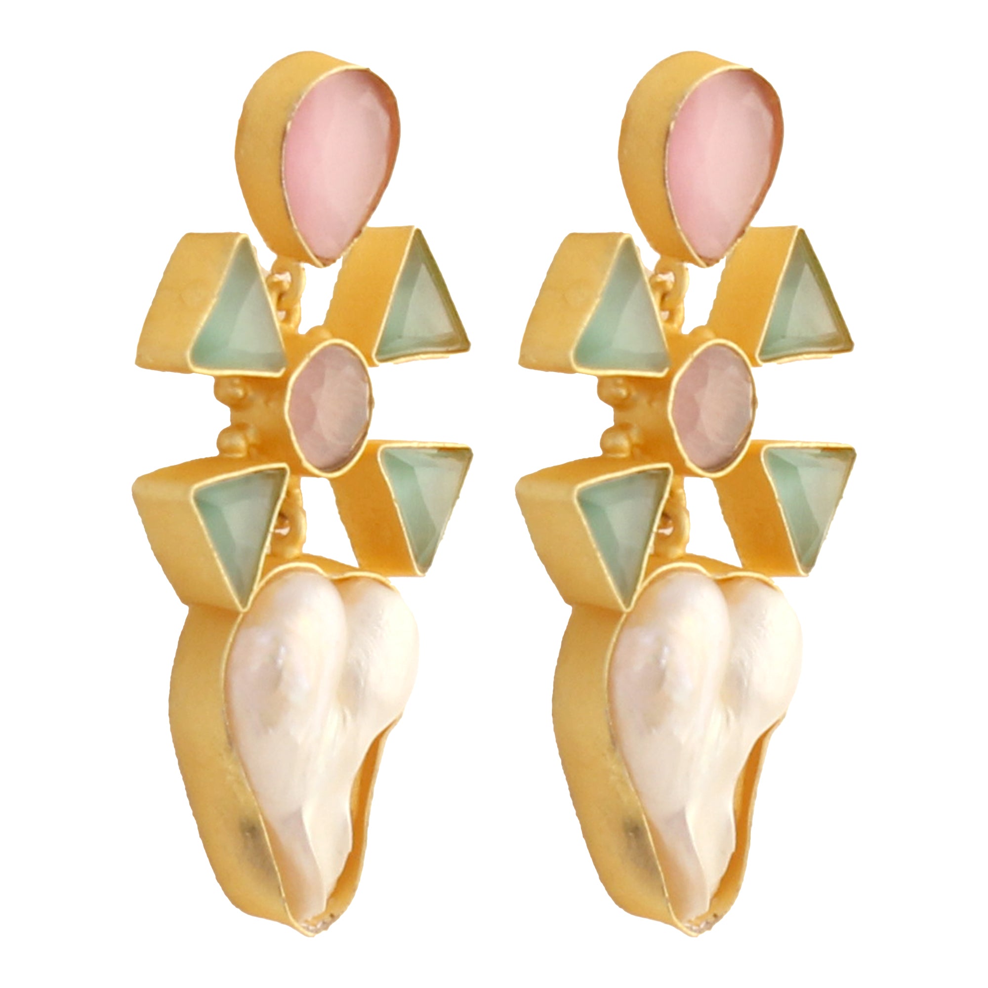 Women's Pink Green Monalisa Stone & Baroque Pearl Earrings - Femizen