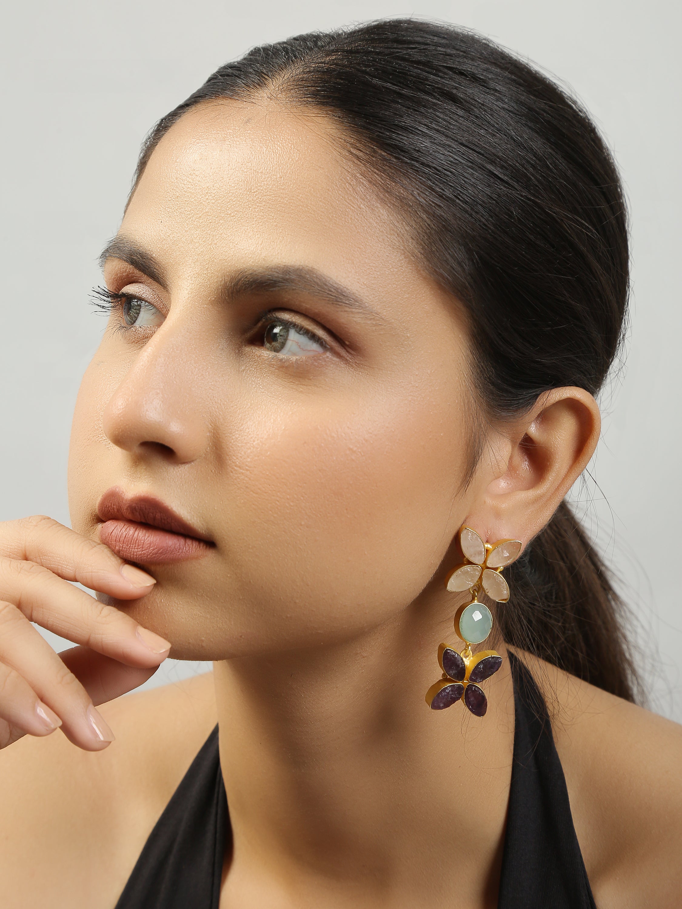 Women's Semiprecious Rose Quartz, Aqua Chalcedony & Amethyst Earrings - Femizen