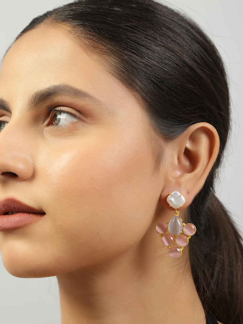 Women's Grey Pink Monalisa Stone & Fresh Water Pearl Earrings - Femizen