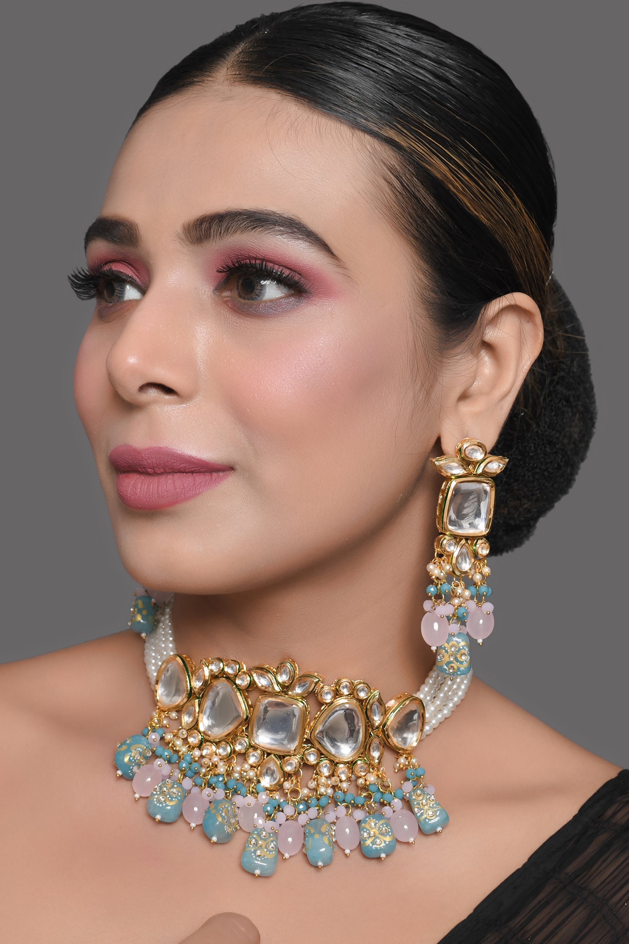 Women's Pastel Blue and pink tanjore beaded handcrafted Kundan Necklace with earrings - Femizen