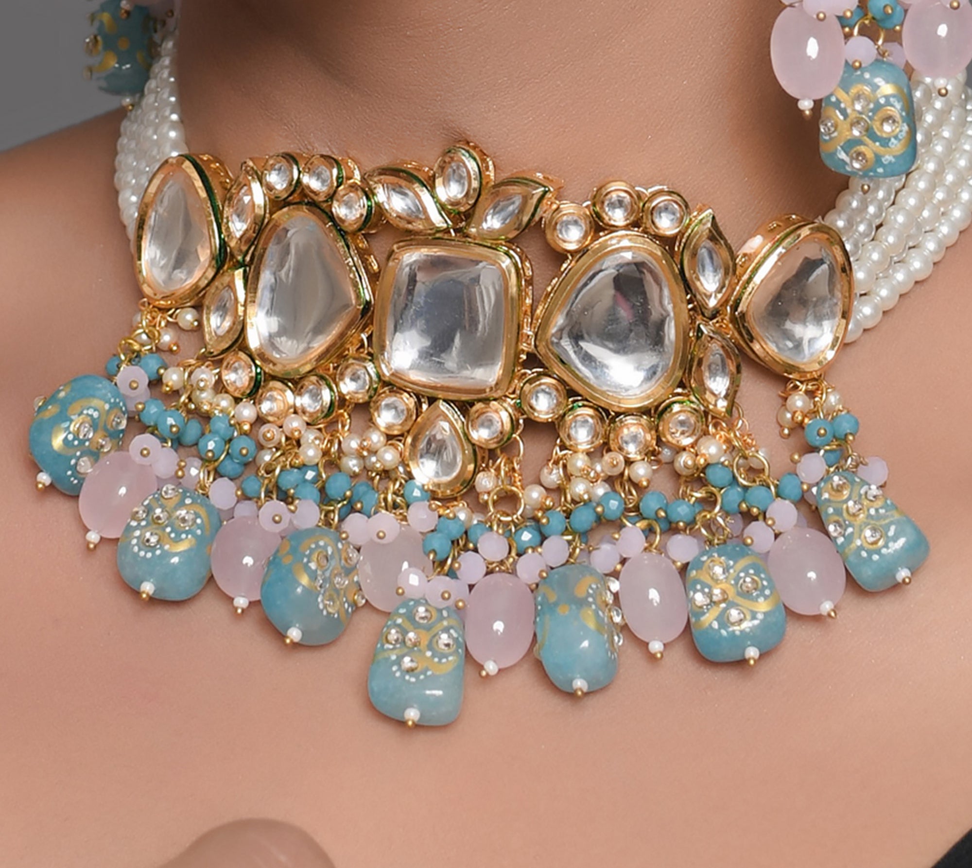 Women's Pastel Blue and pink tanjore beaded handcrafted Kundan Necklace with earrings - Femizen