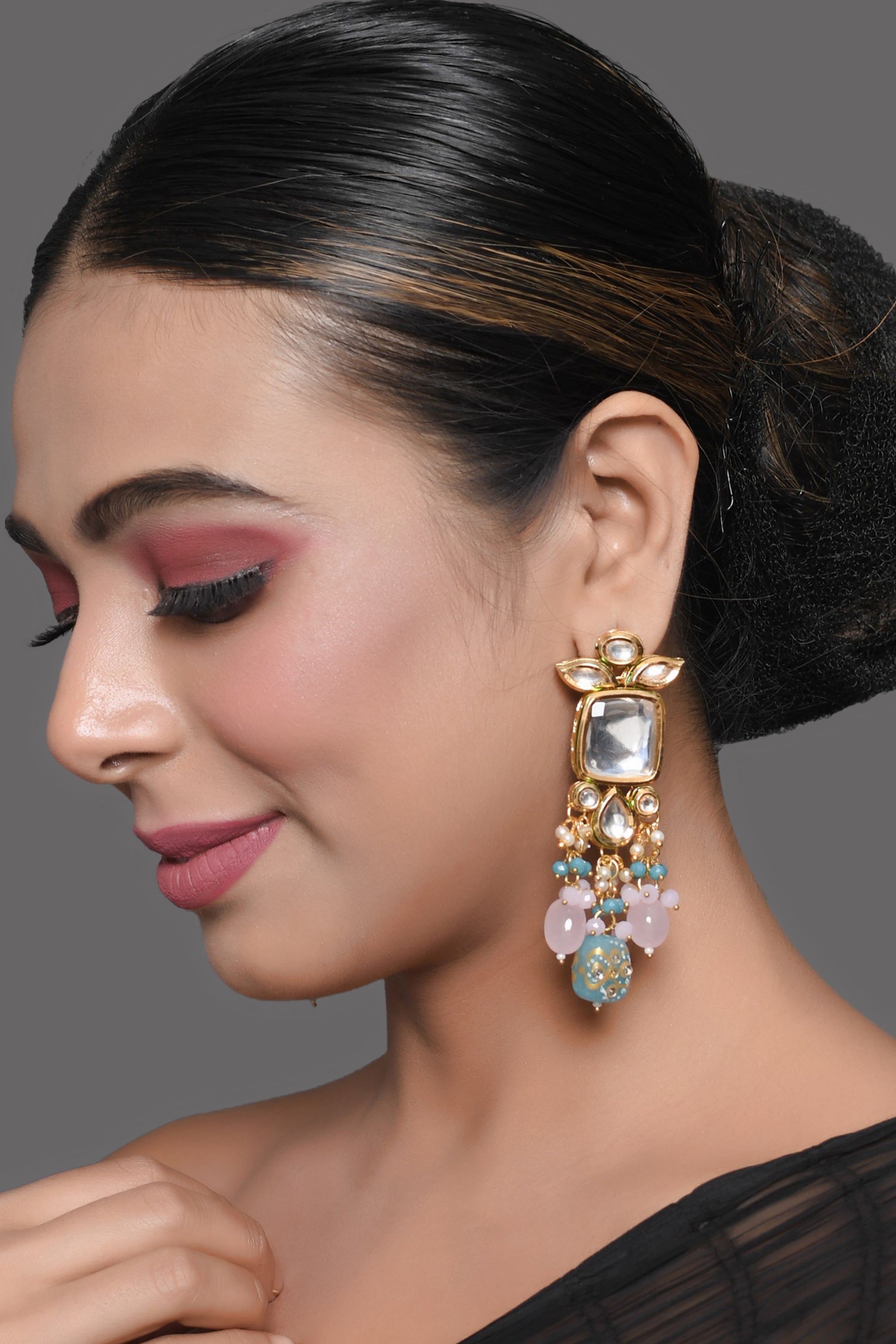 Women's Pastel blue & Pink beaded Handcrafted Kundan earrings - Femizen