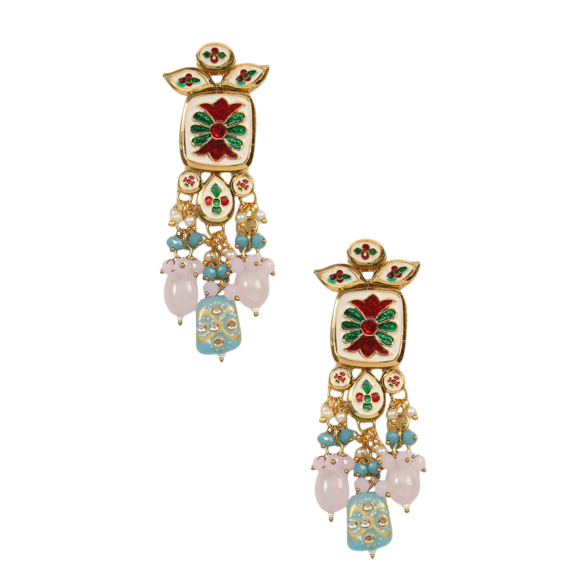 Women's Pastel blue & Pink beaded Handcrafted Kundan earrings - Femizen