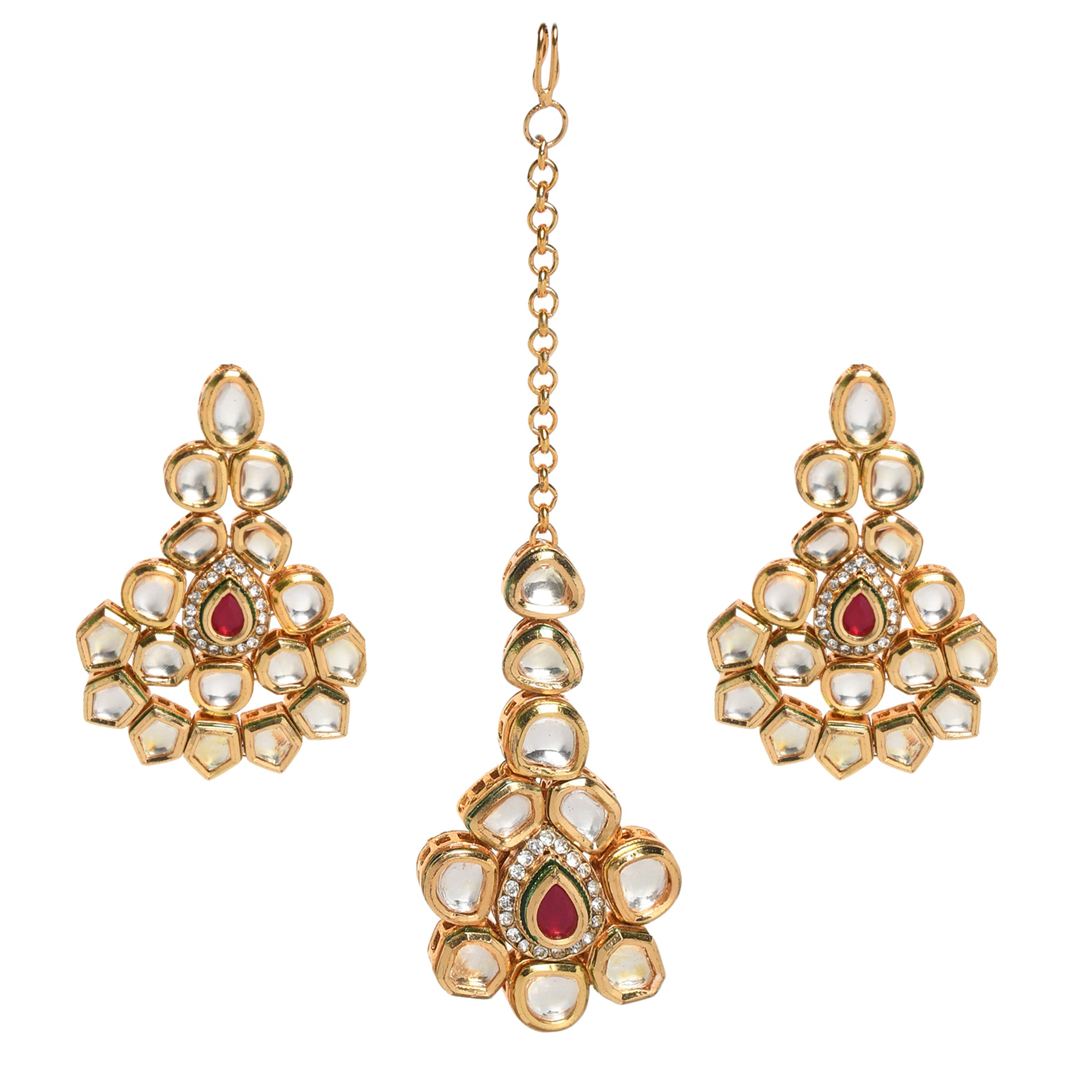 Women's Handcrafted Kundan Studded gold toned earring and mang tika set - Femizen