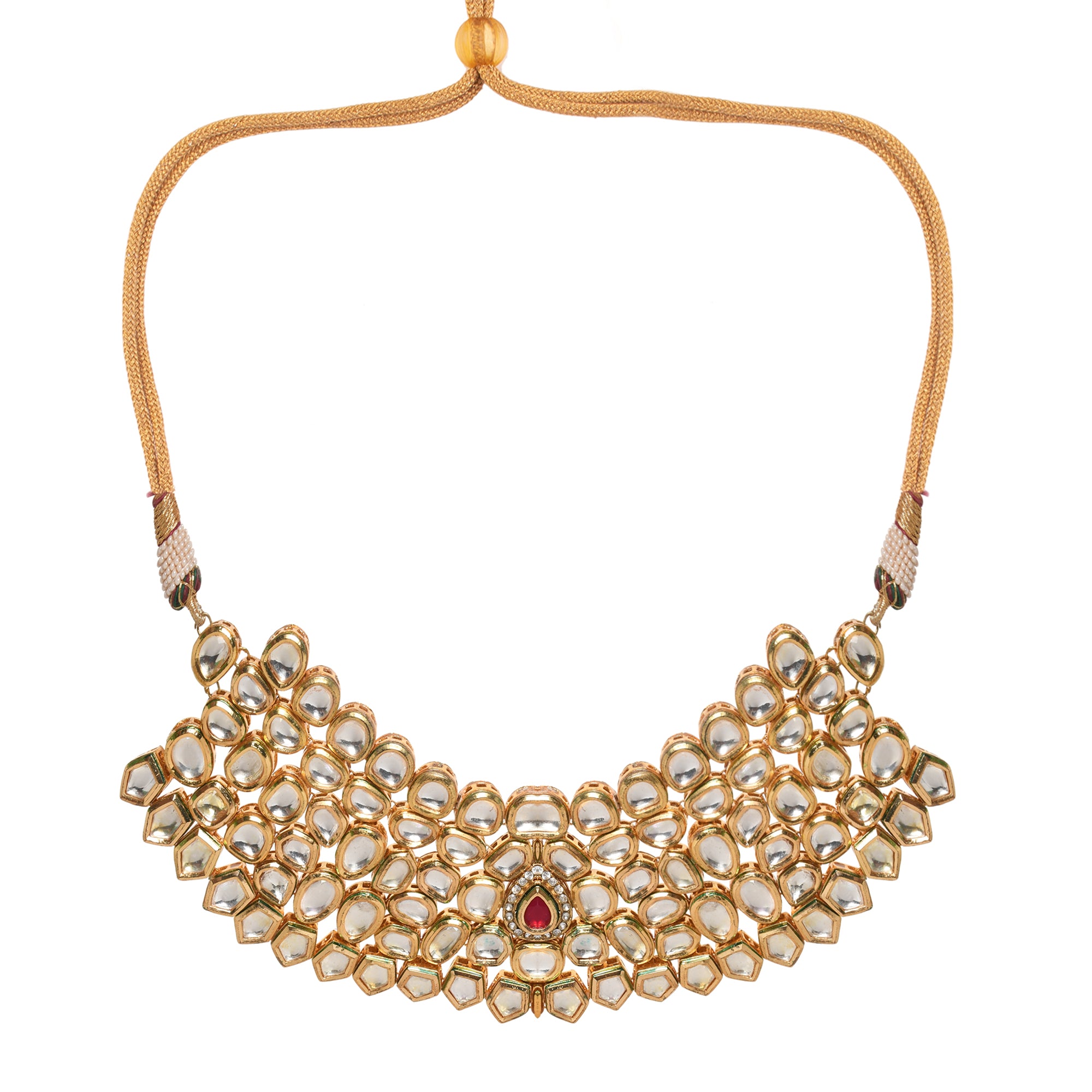 Women Gold Toned Kundan Necklace with Earrings by Femizen (2 Pc Set)