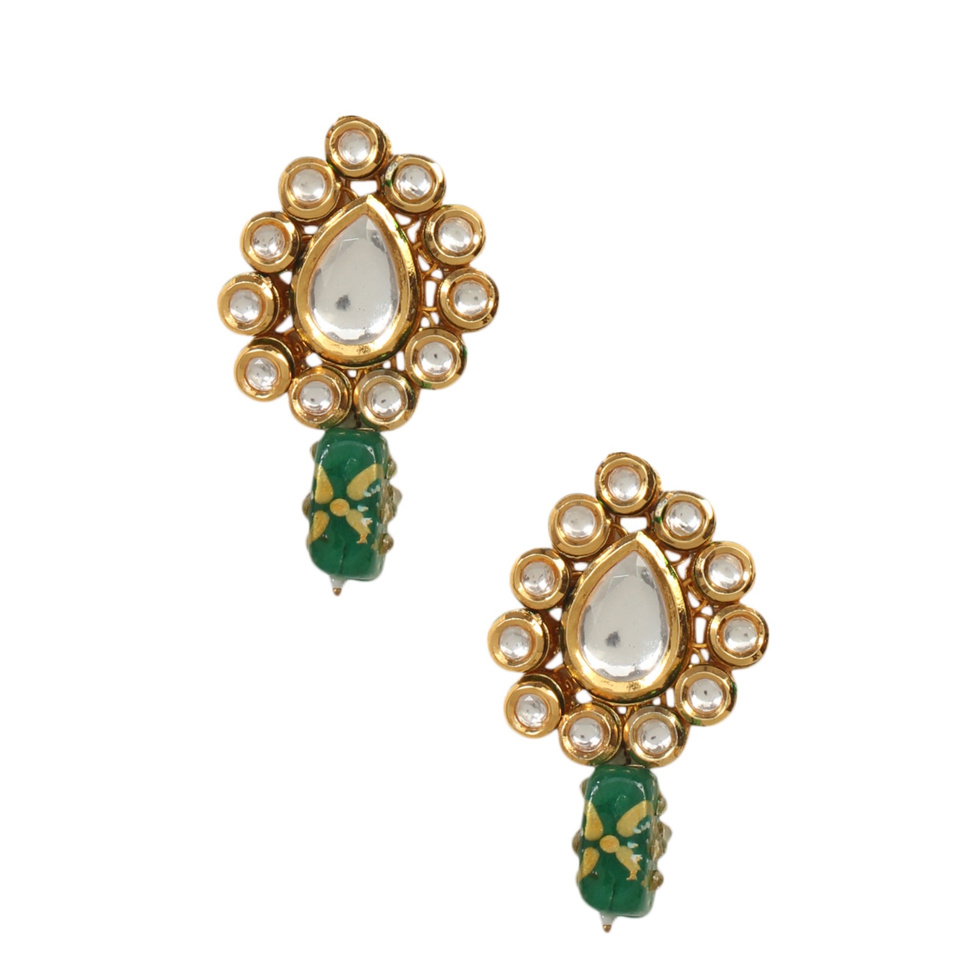 Women's Gold toned green beaded Kundan earring & mang tika set - Femizen