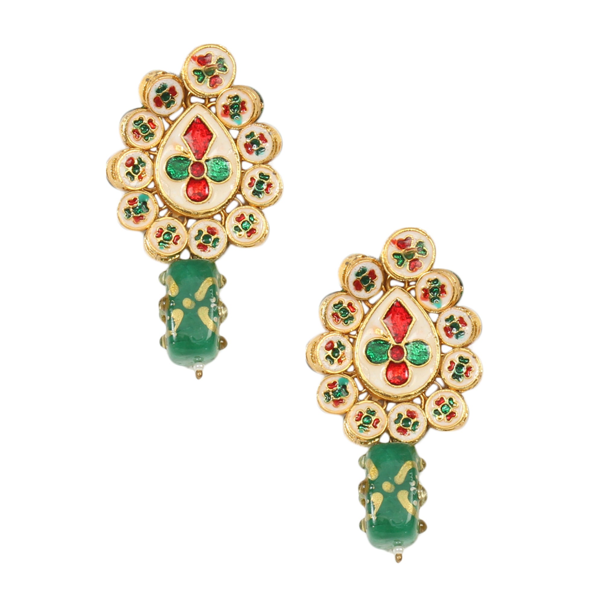 Women's Gold toned green beaded Kundan earring & mang tika set - Femizen