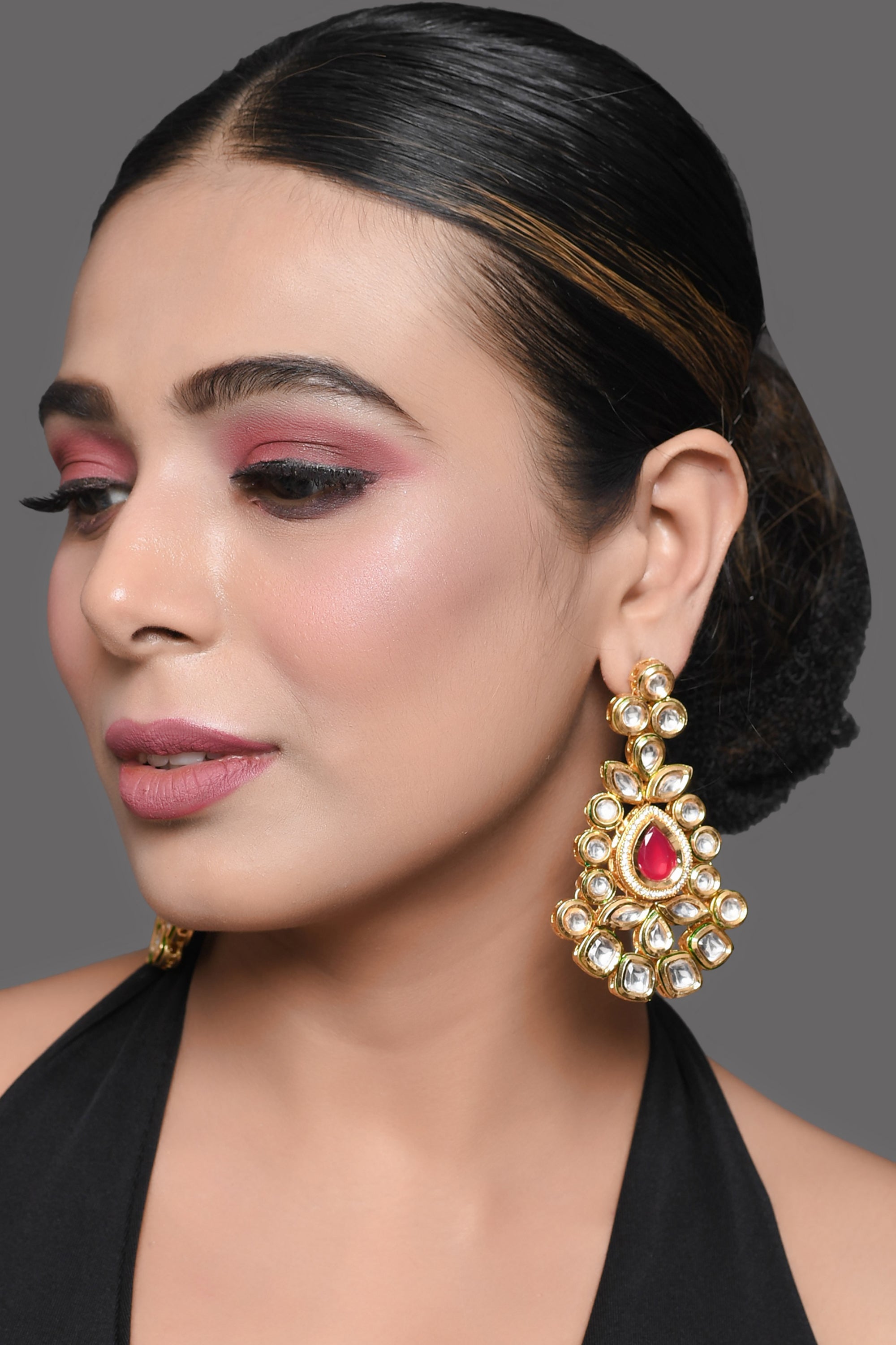 Women's Red Gold toned Kundan inspired earrings - Femizen