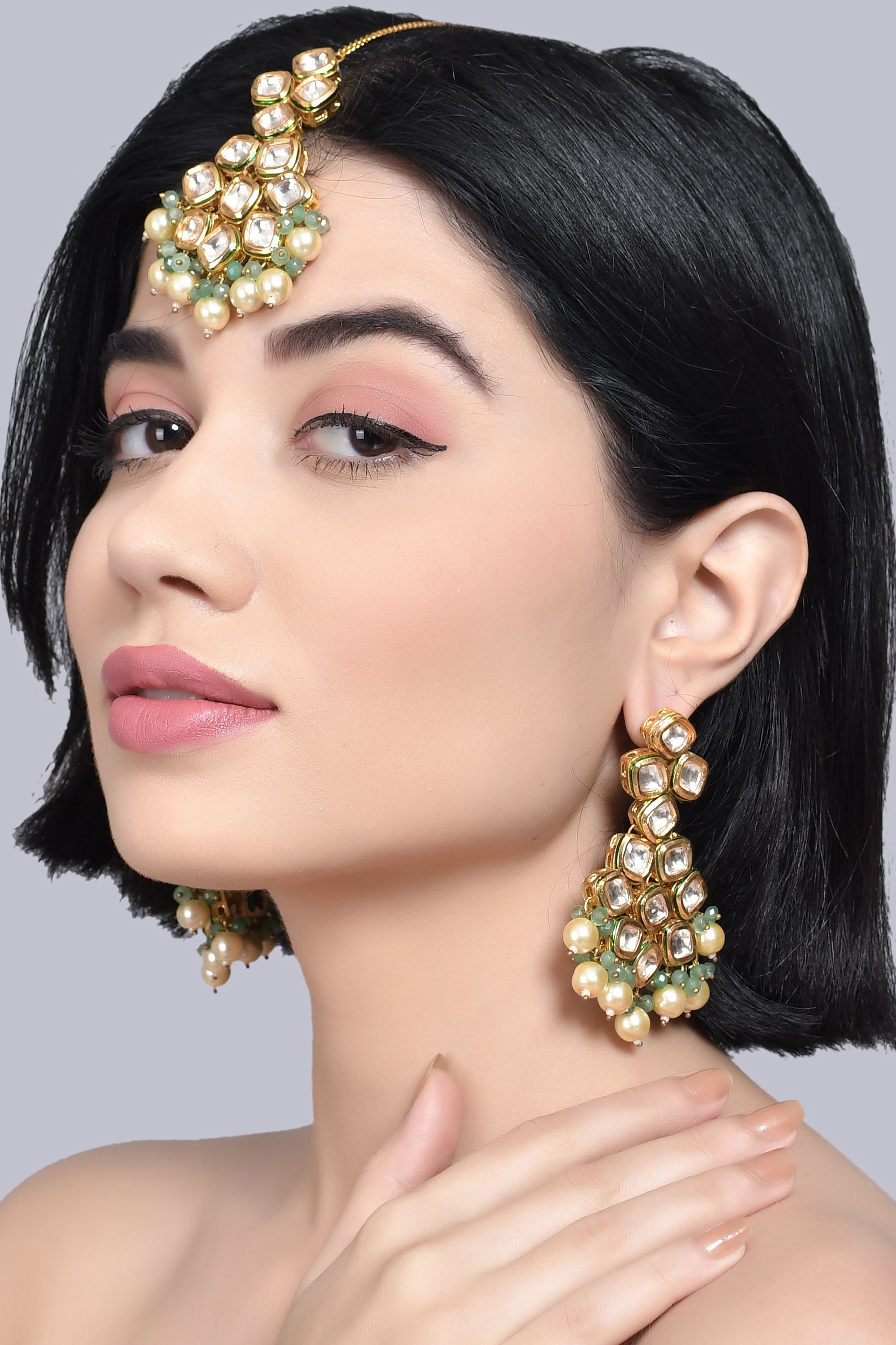 Women's Jade Gold Tone Kundan Earrings and Maang Tikka with Pearls
 - Femizen