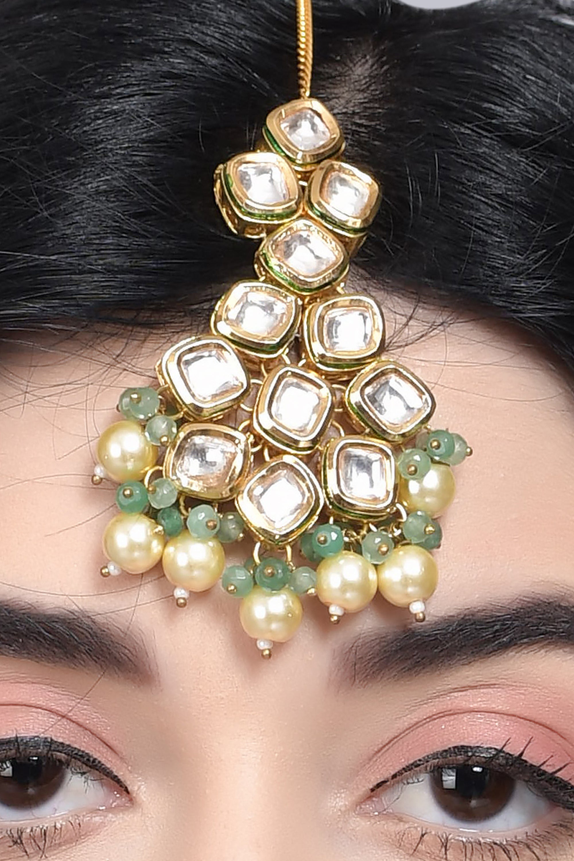 Women's Jade Gold Tone Kundan Maang Tikka with Pearls
 - Femizen
