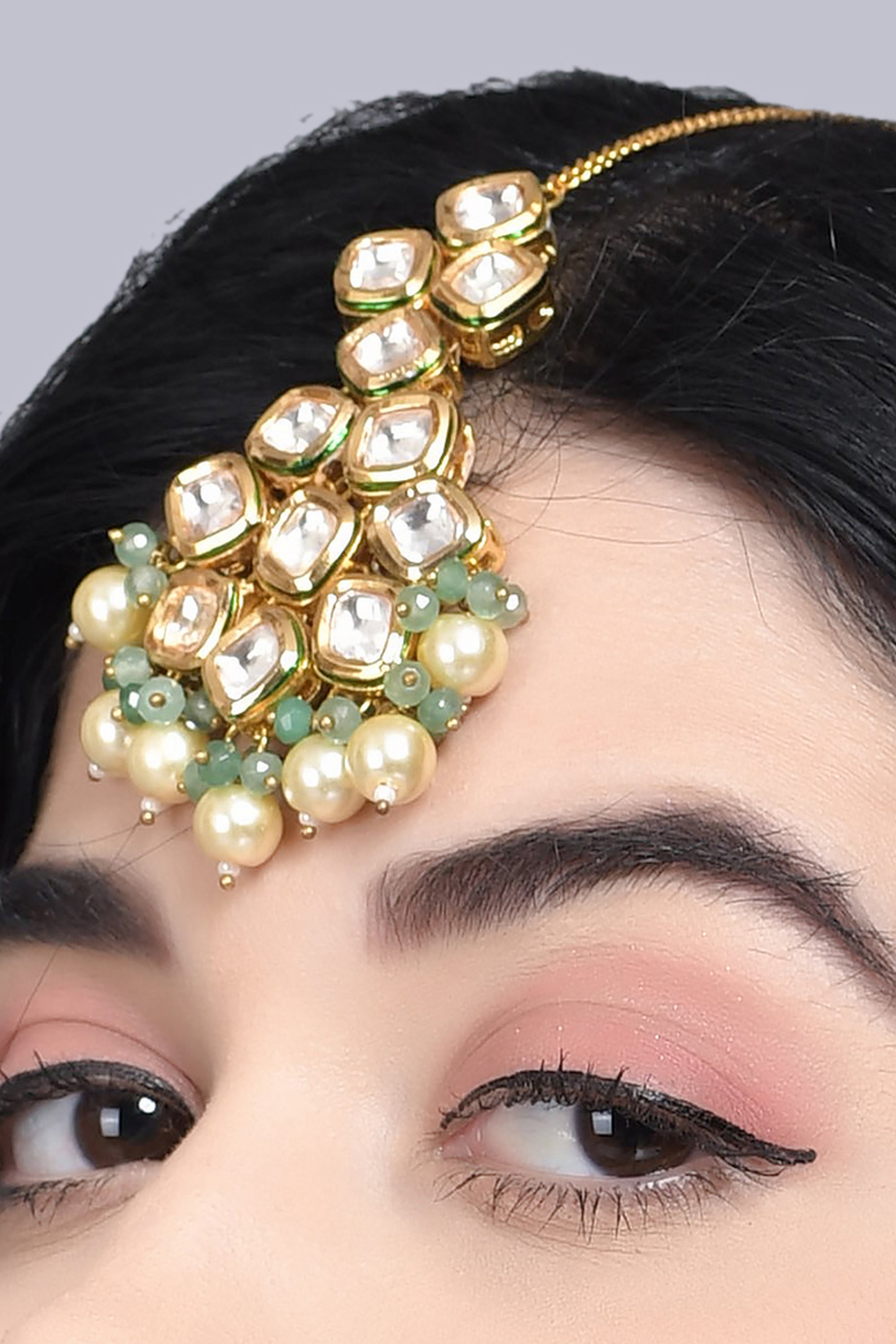 Women's Jade Gold Tone Kundan Maang Tikka with Pearls
 - Femizen