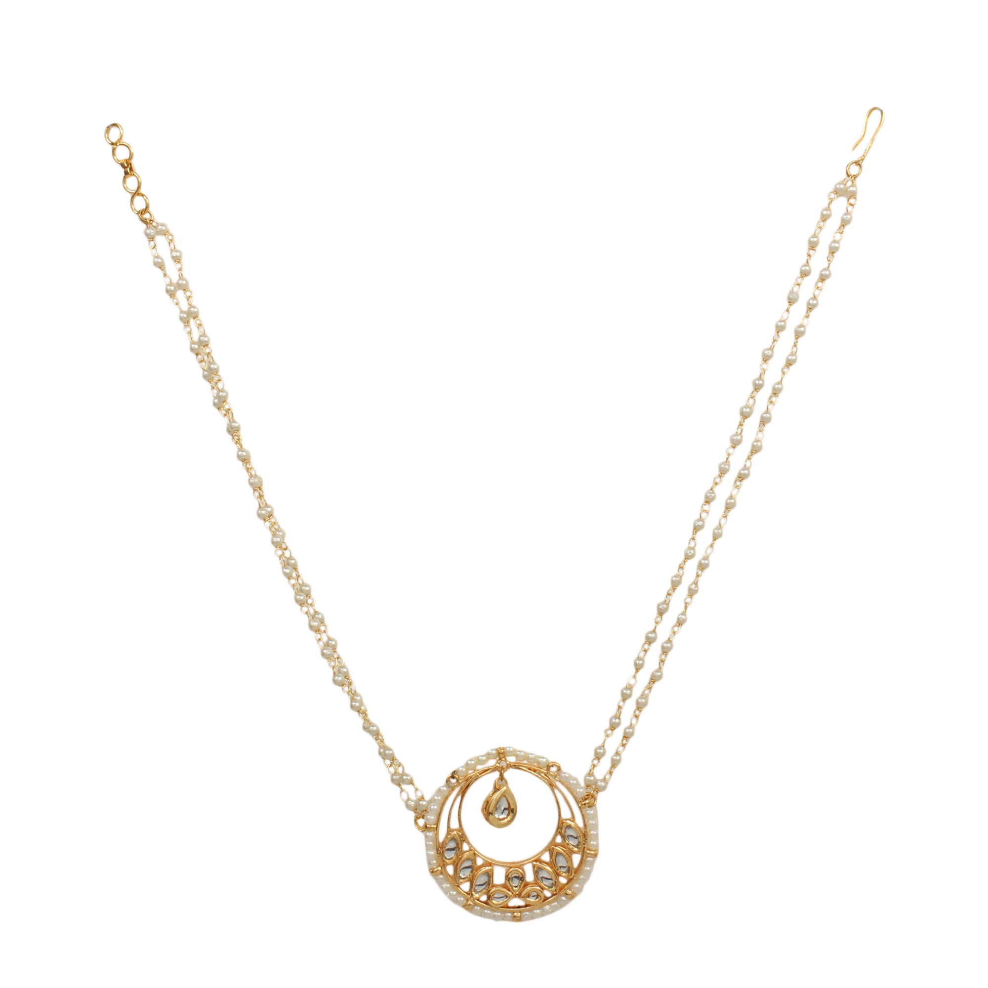 Women's Sleek moon shaped kundan inspired choker teamed with pearl beaded necklace - Femizen