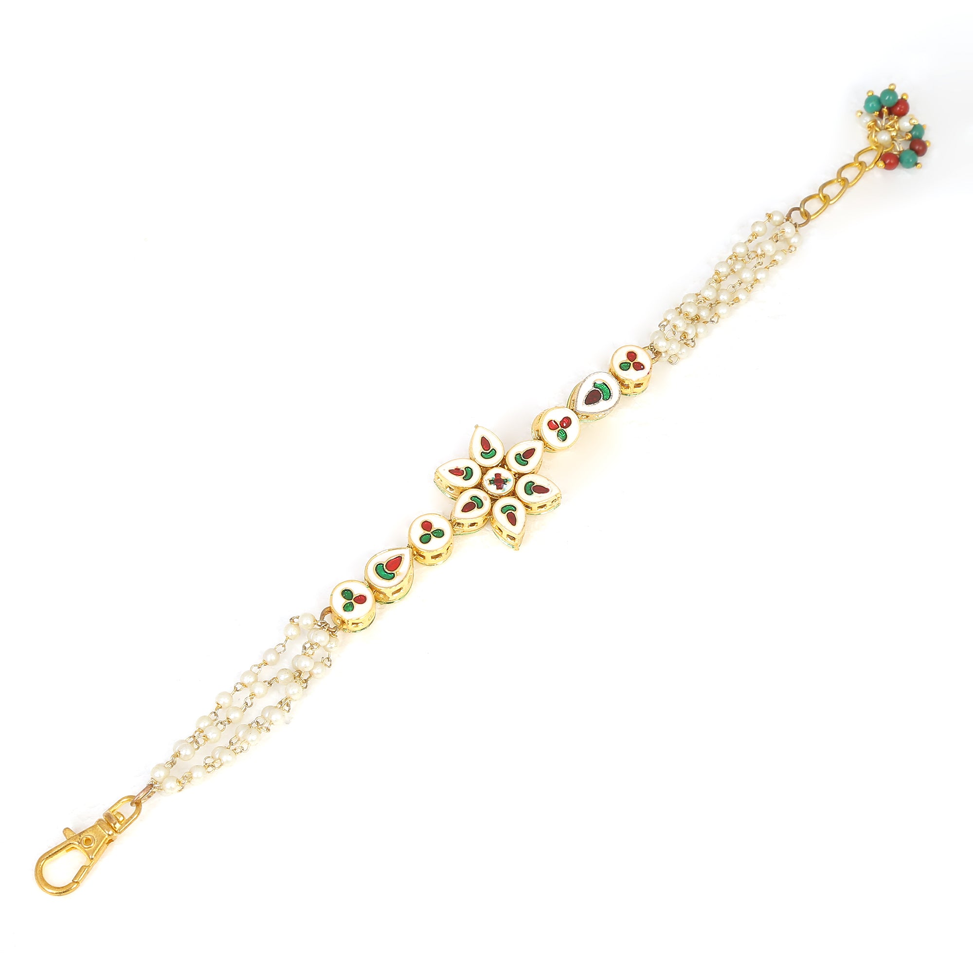 Women's Floral Kundan Gold Tone Bracelet With Multicolor Beads - Femizen