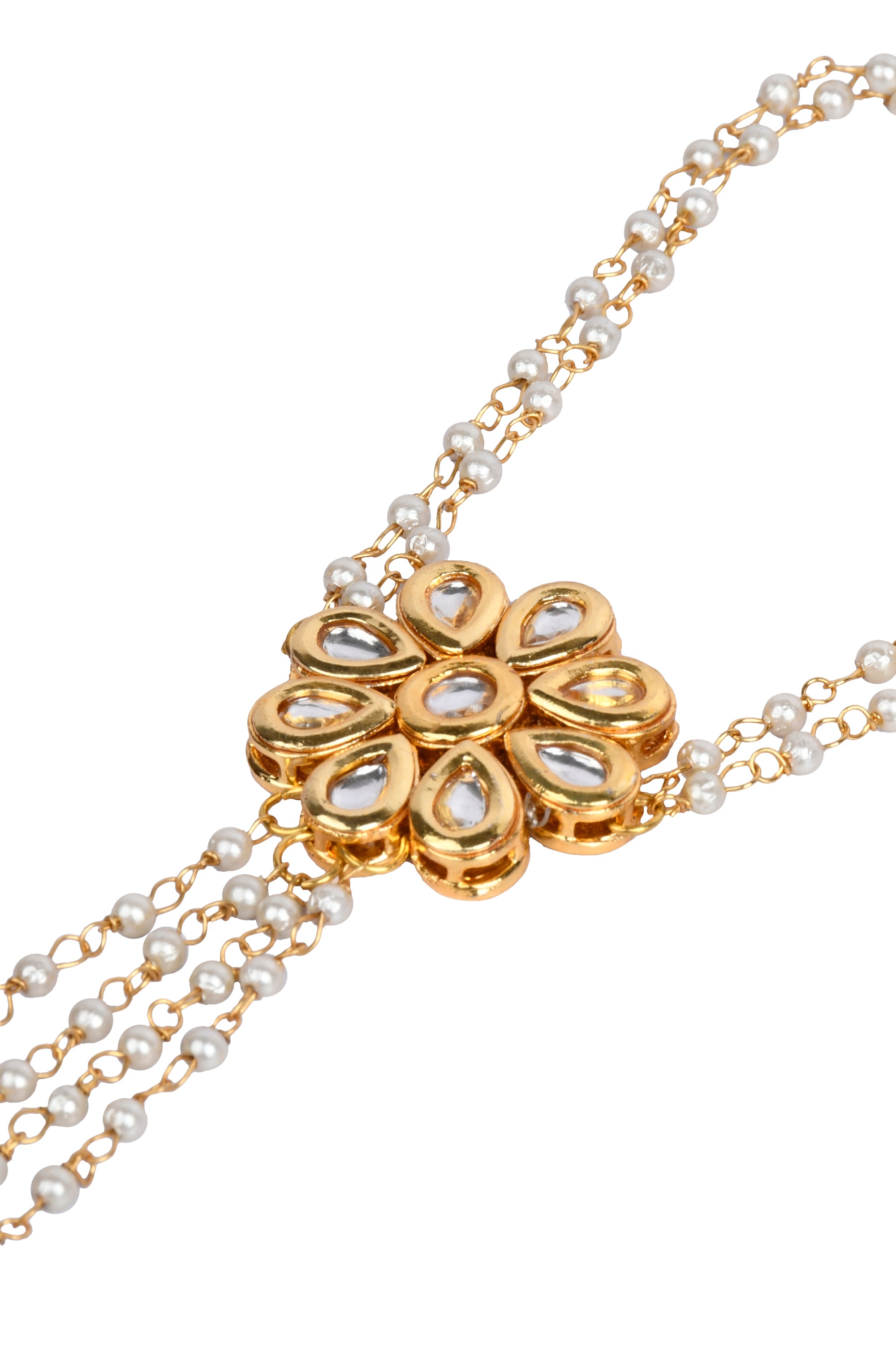 Women's Gold Tone Floral Kundan Haathphool With Pearls - Femizen