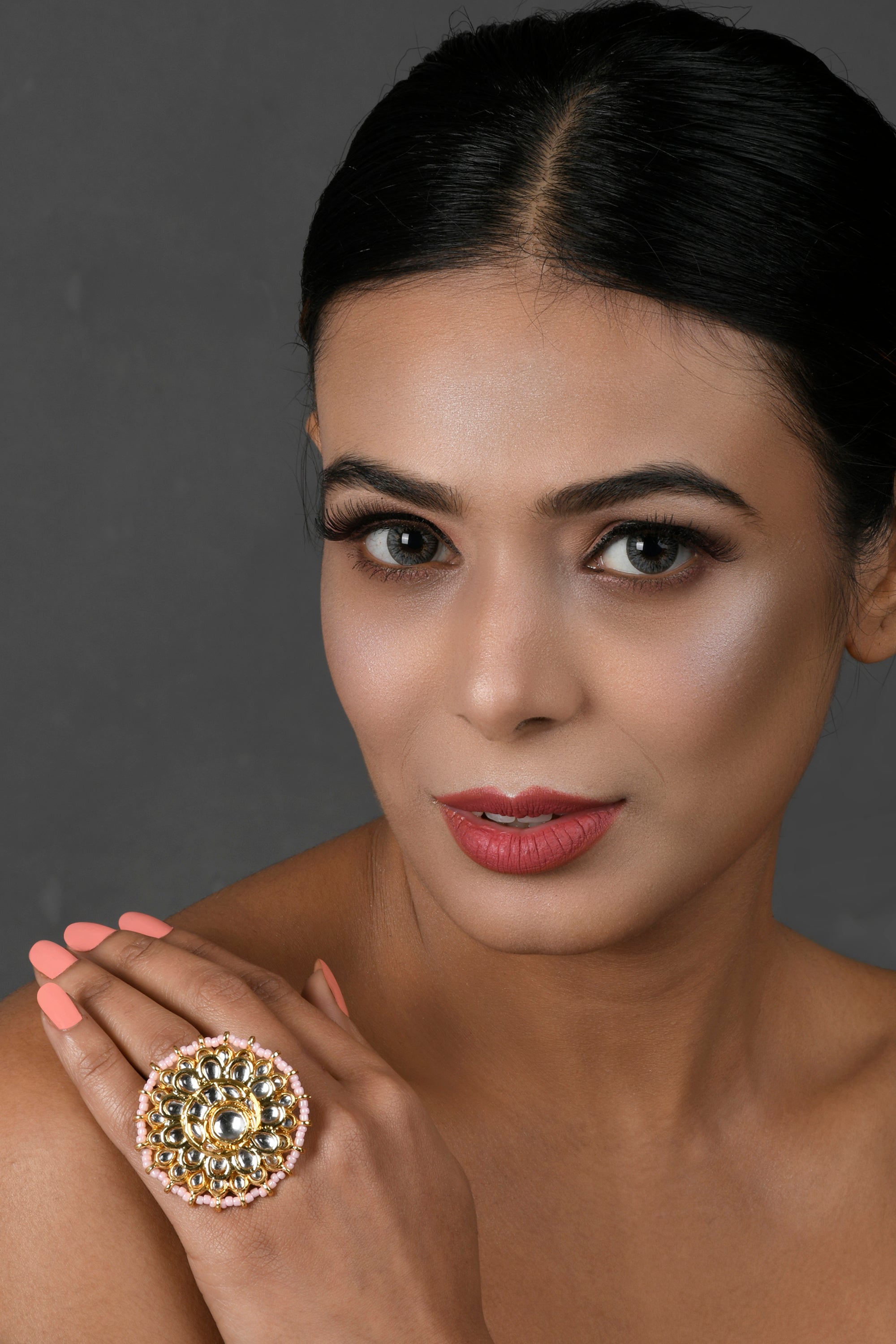 Women's Gold-Toned Kundan Embellished Pearl Beaded Adjustable Ring - Femizen