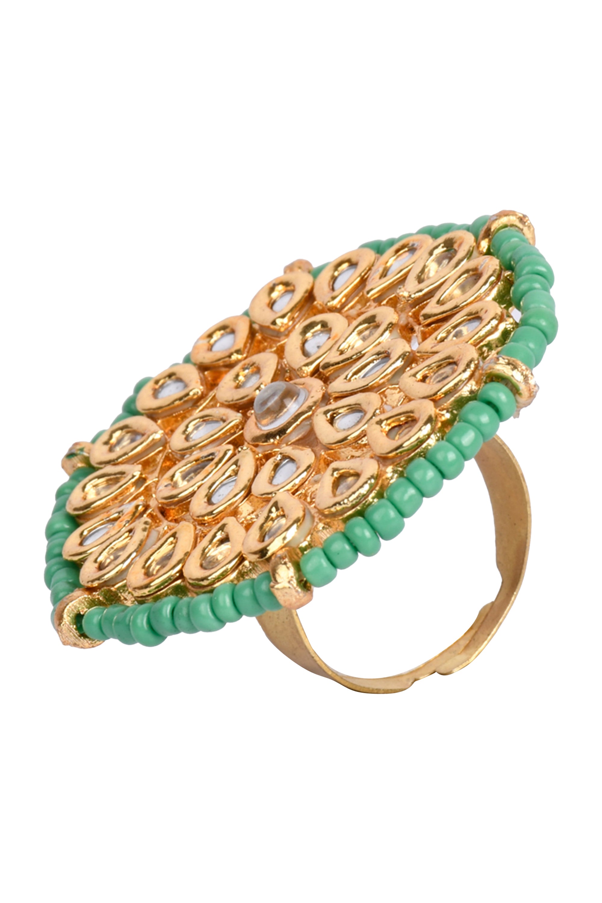 Women's Green Beaded Handcrafted Kundan Ring - Femizen