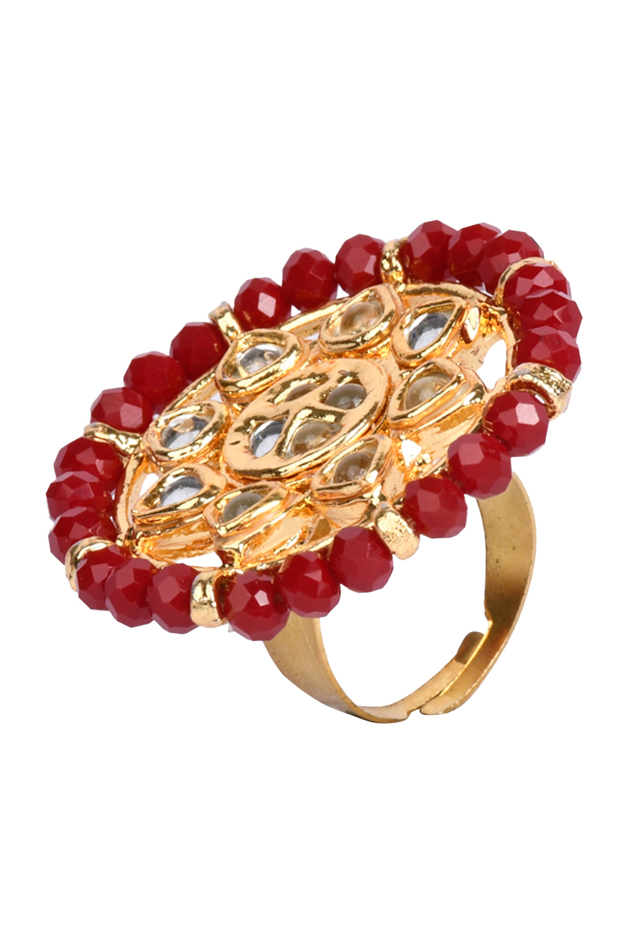 Women's Red Beaded Ajustable Kundan Ring - Femizen