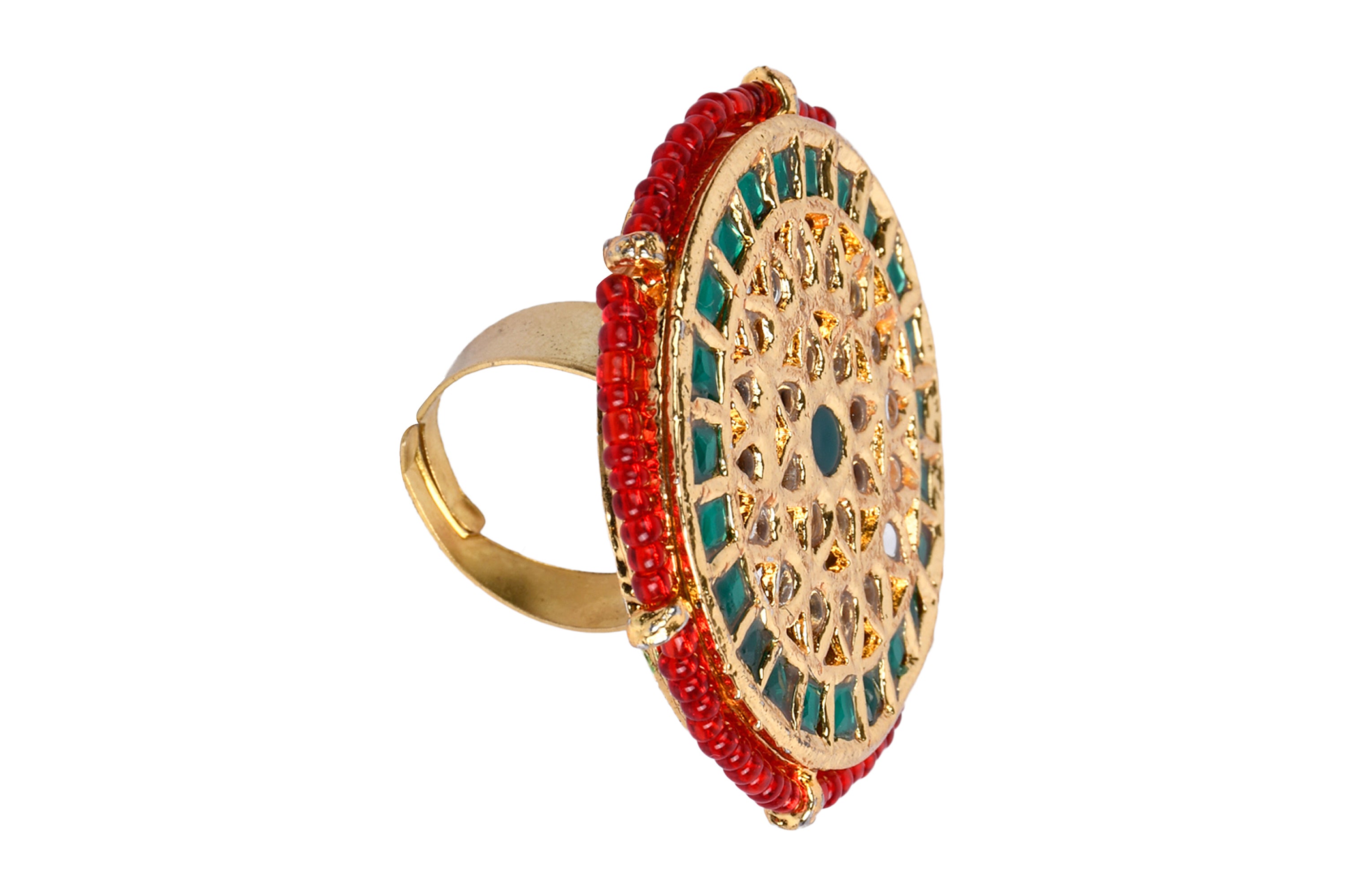 Women's Green Beaded Gold Tone Adjustable Kundan Ring - Femizen