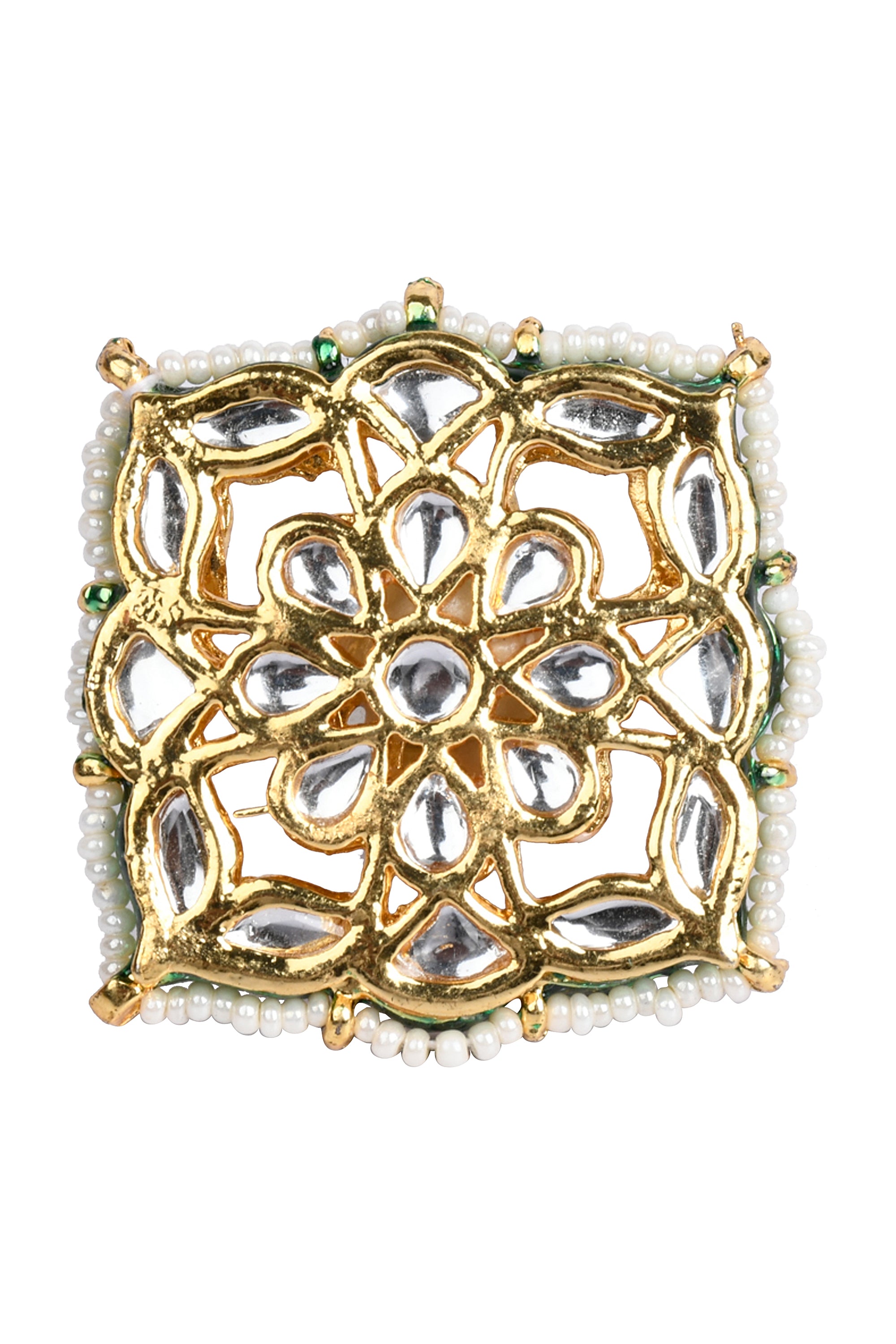 Women's Gold Tone Kundan Adjustable Ring With Pearls - Femizen