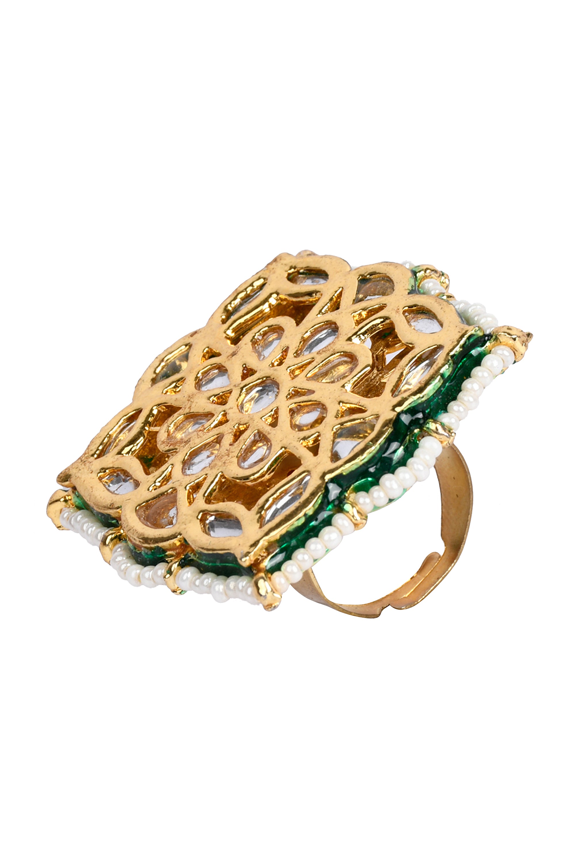 Women's Gold Tone Kundan Adjustable Ring With Pearls - Femizen