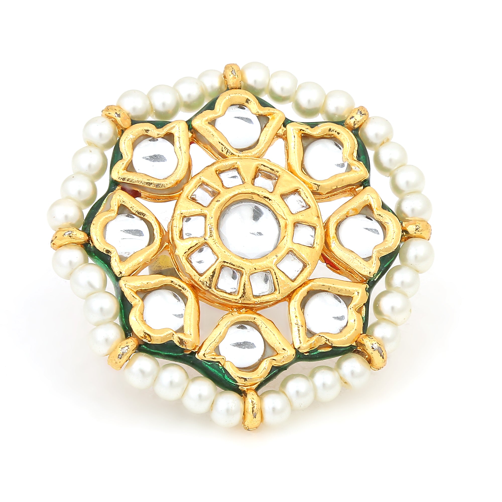 Women's Classic Gold Tone Kundan-Inspired Pearl Beaded Adjustable Ring - Femizen