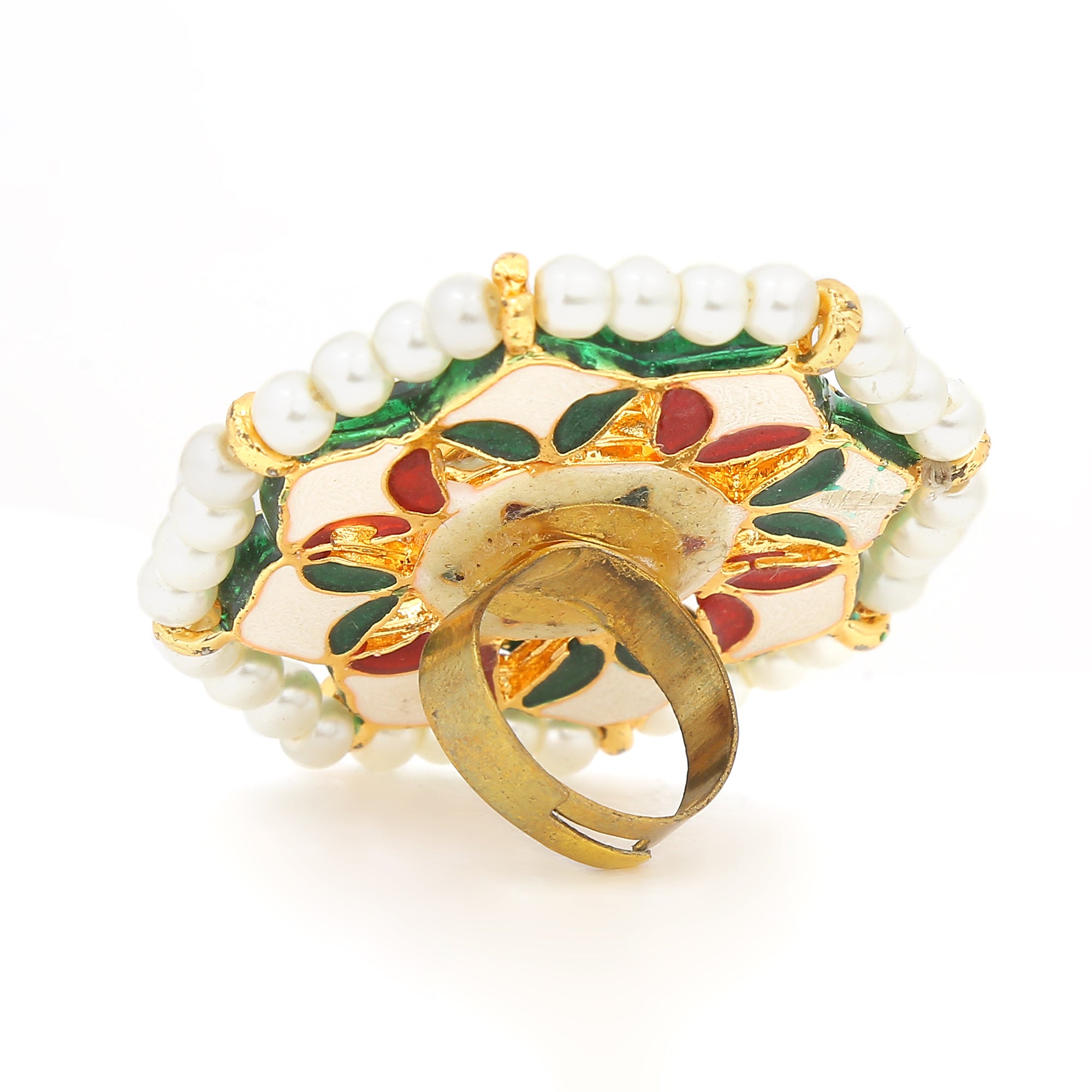 Women's Classic Gold Tone Kundan-Inspired Pearl Beaded Adjustable Ring - Femizen