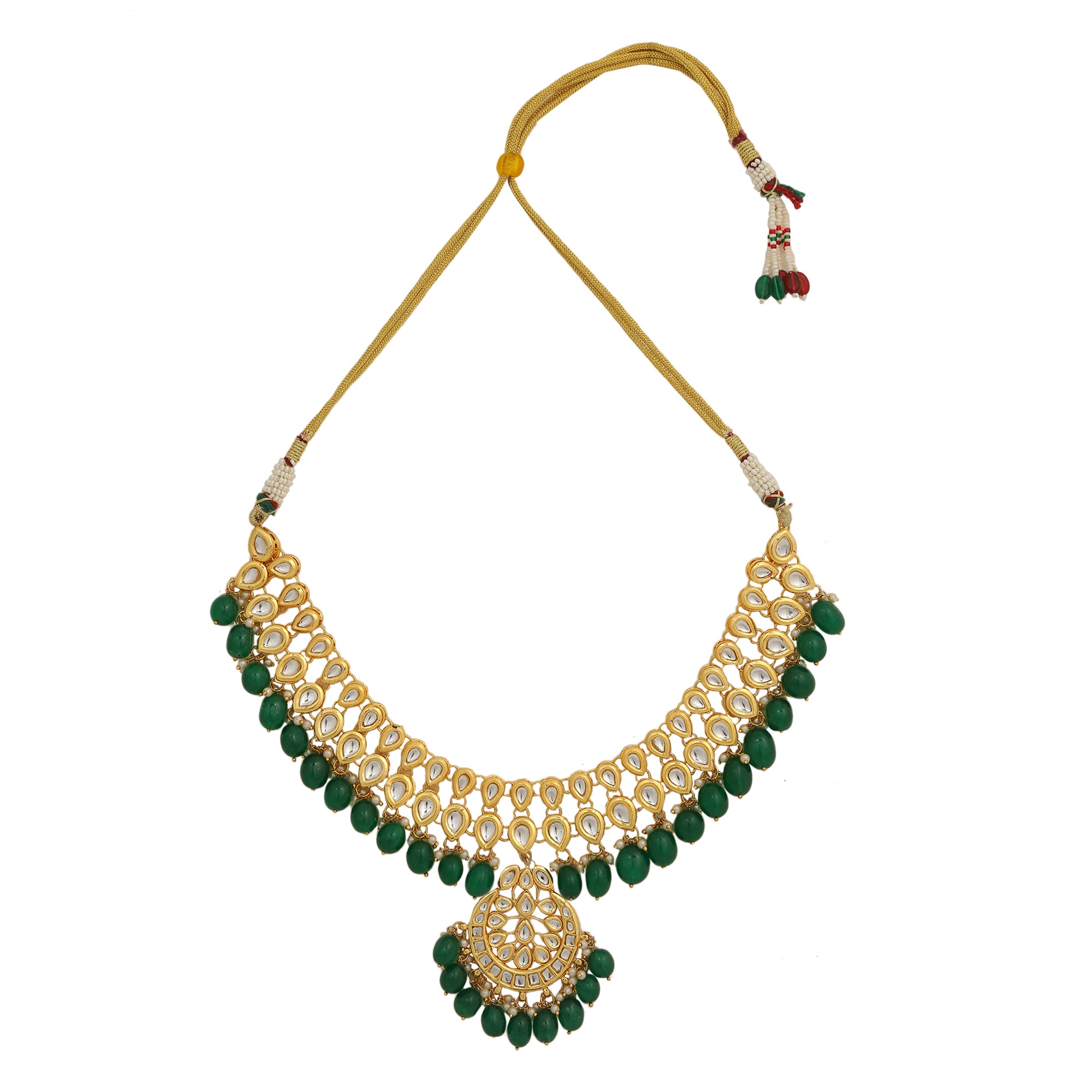 Women's Emerald Beaded Kundan Necklace With Earrings & Maang Tikka - Femizen
