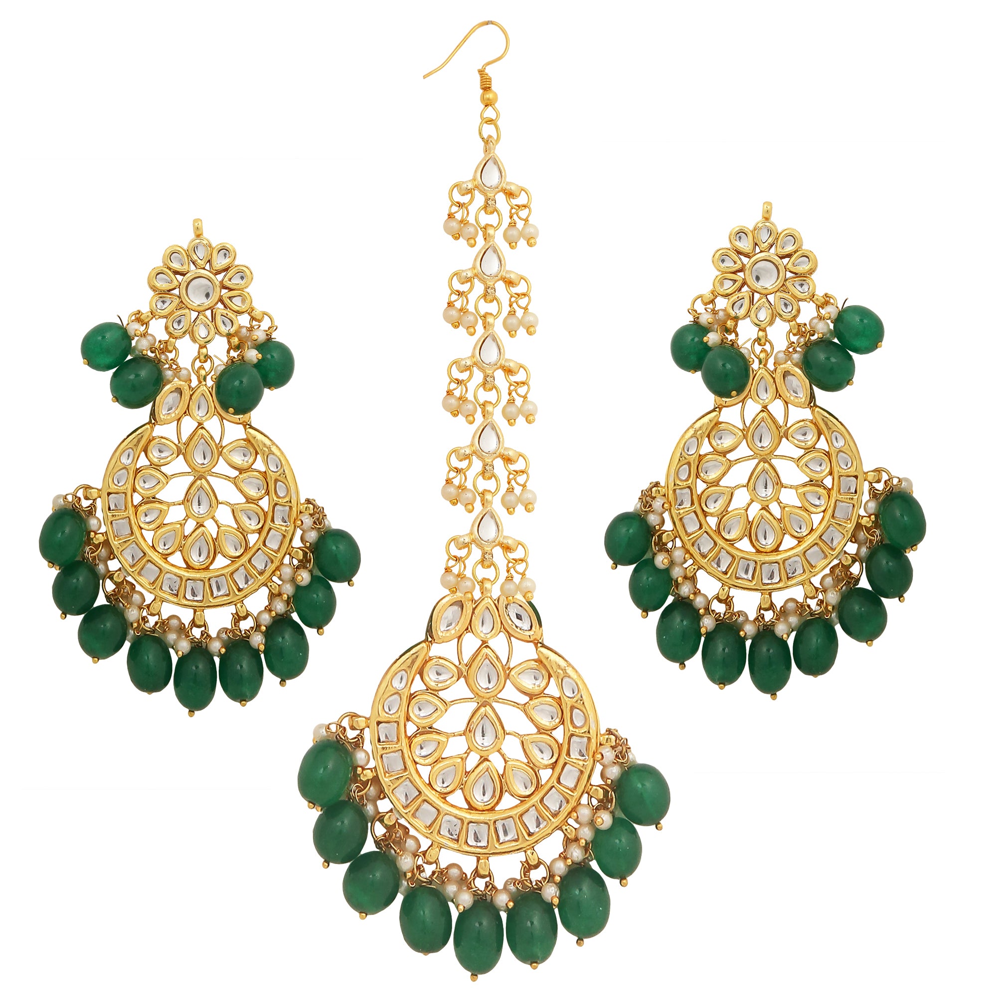 Women's Kundan Inspired Emerald Beaded Earrings & Maang Tikka Set - Femizen