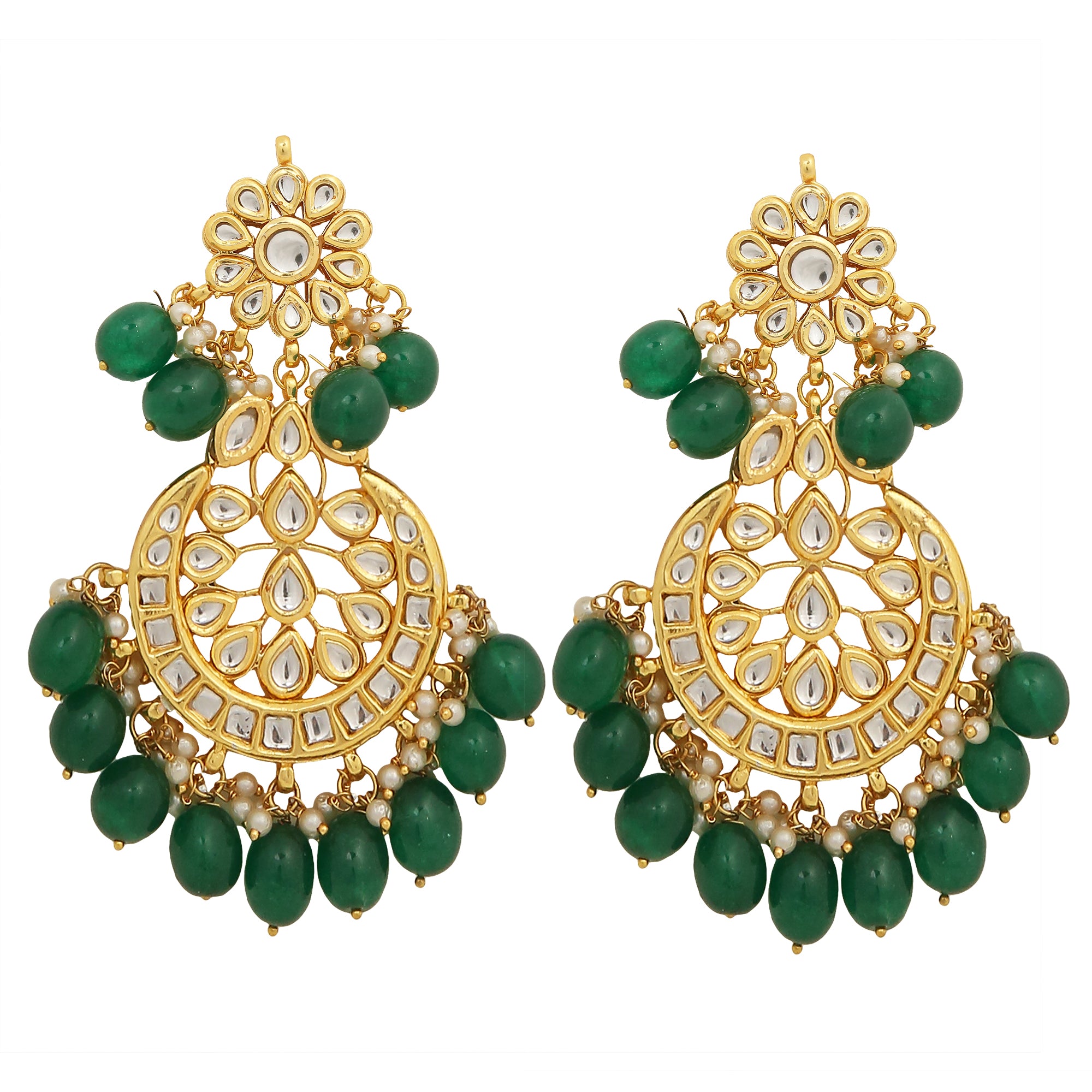 Women's Kundan Inspired Emerald Beaded Earrings & Maang Tikka Set - Femizen