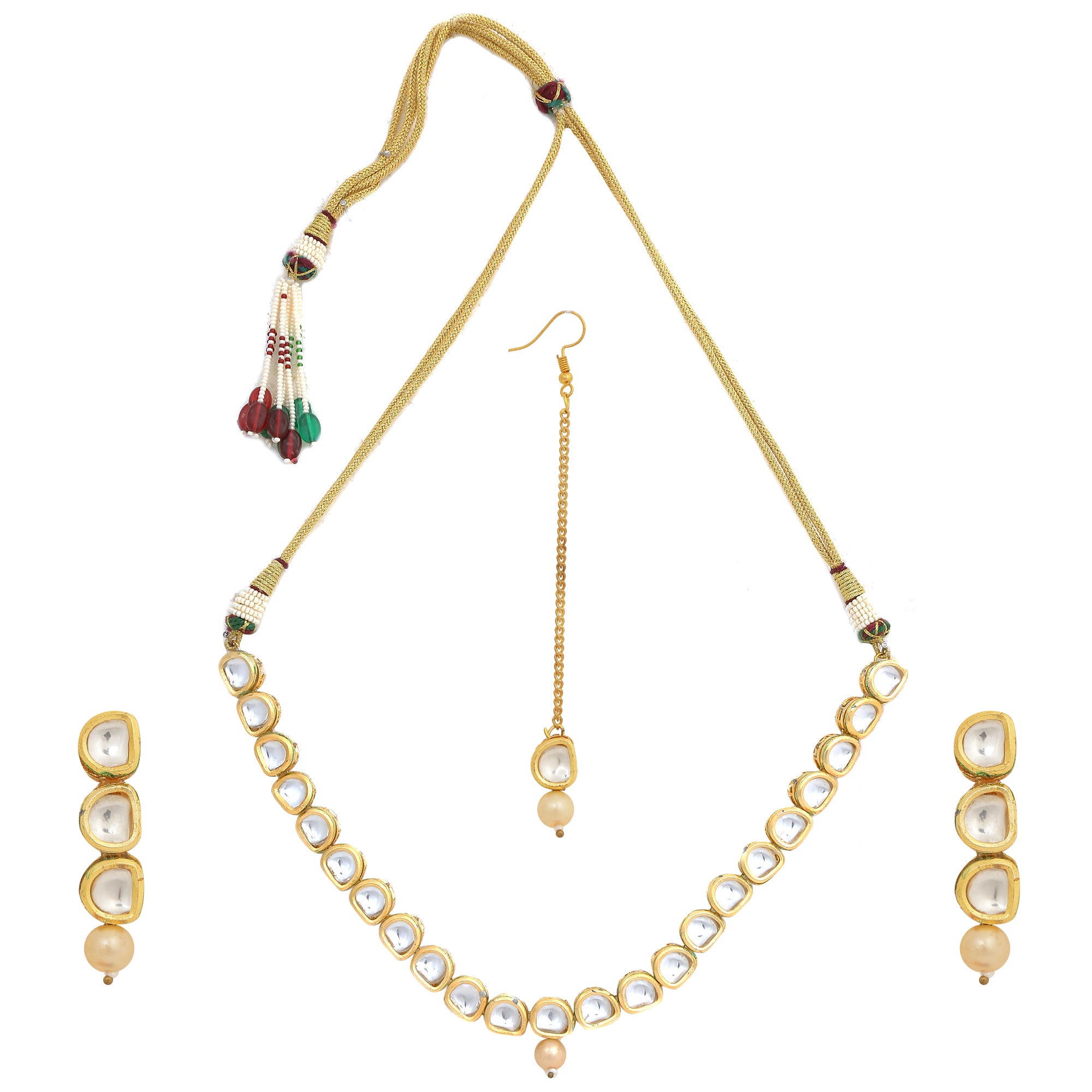 Women's Handcrafted Kundan Necklace With Earrings & Maang Tikka - Femizen