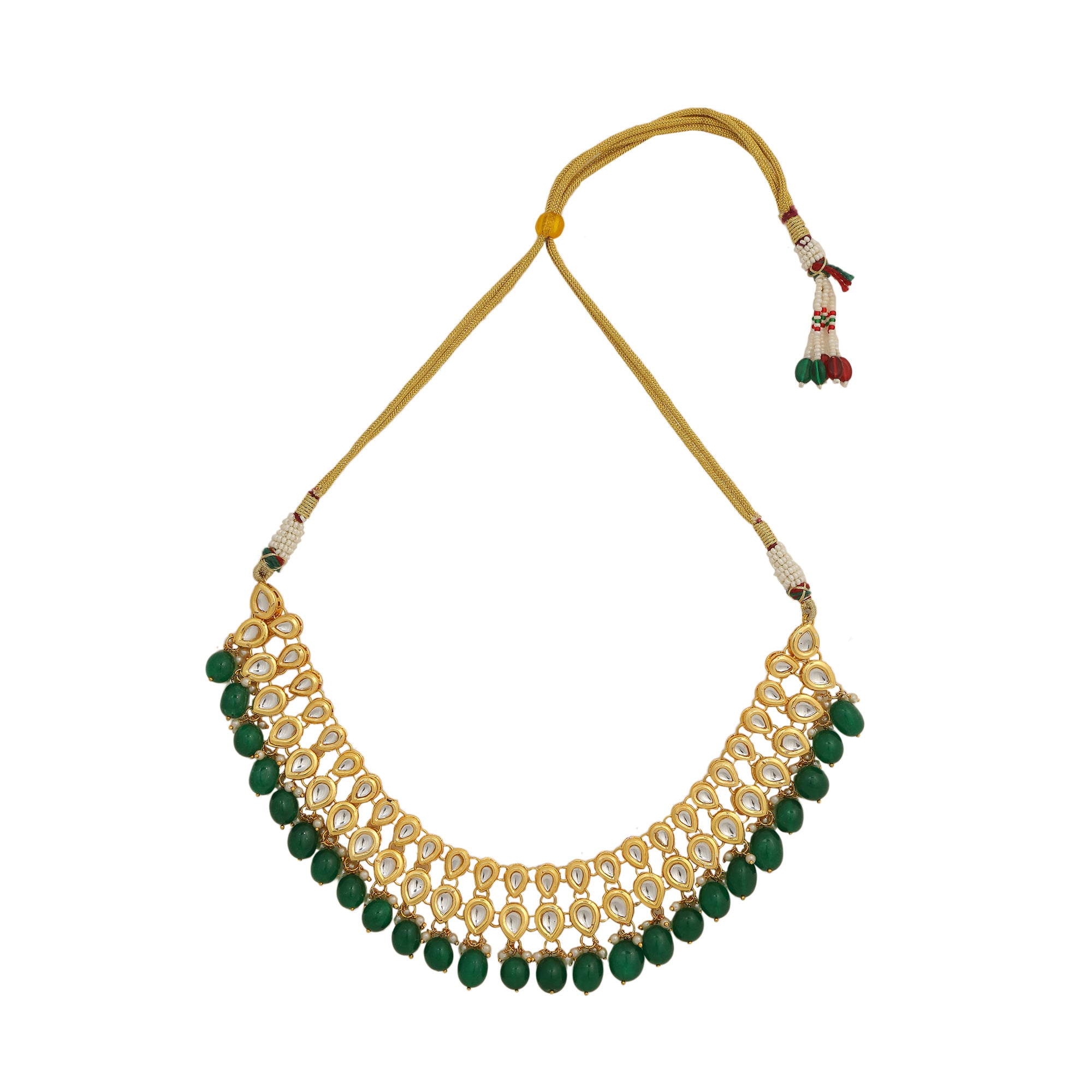 Women's Kundan Inspired Emerald Beaded Necklace With Earrings & Maang Tikka Set - Femizen