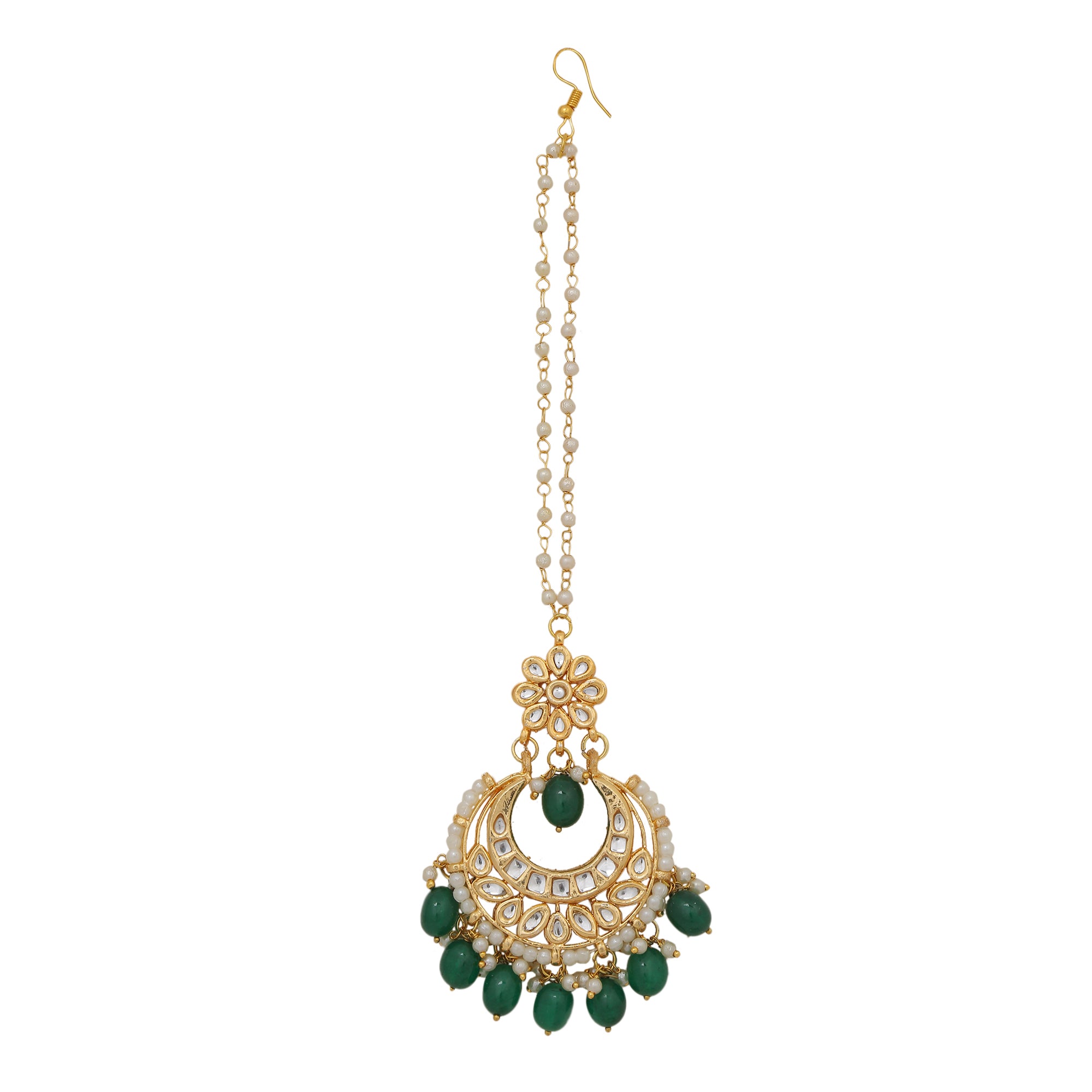 Women's Kundan Inspired Emerald Beaded Necklace With Earrings & Maang Tikka Set - Femizen