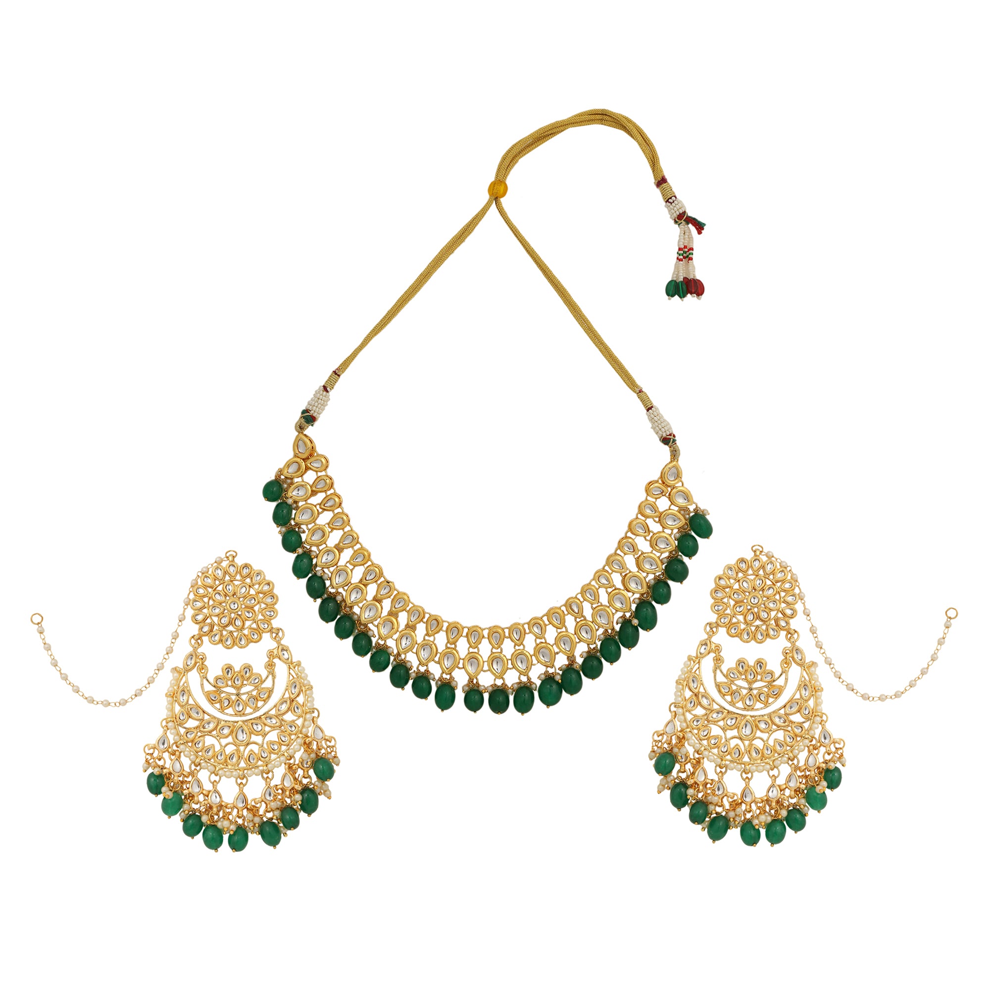 Women's Gold Toned Kundan Necklace With Pair Of Earrings  - Femizen